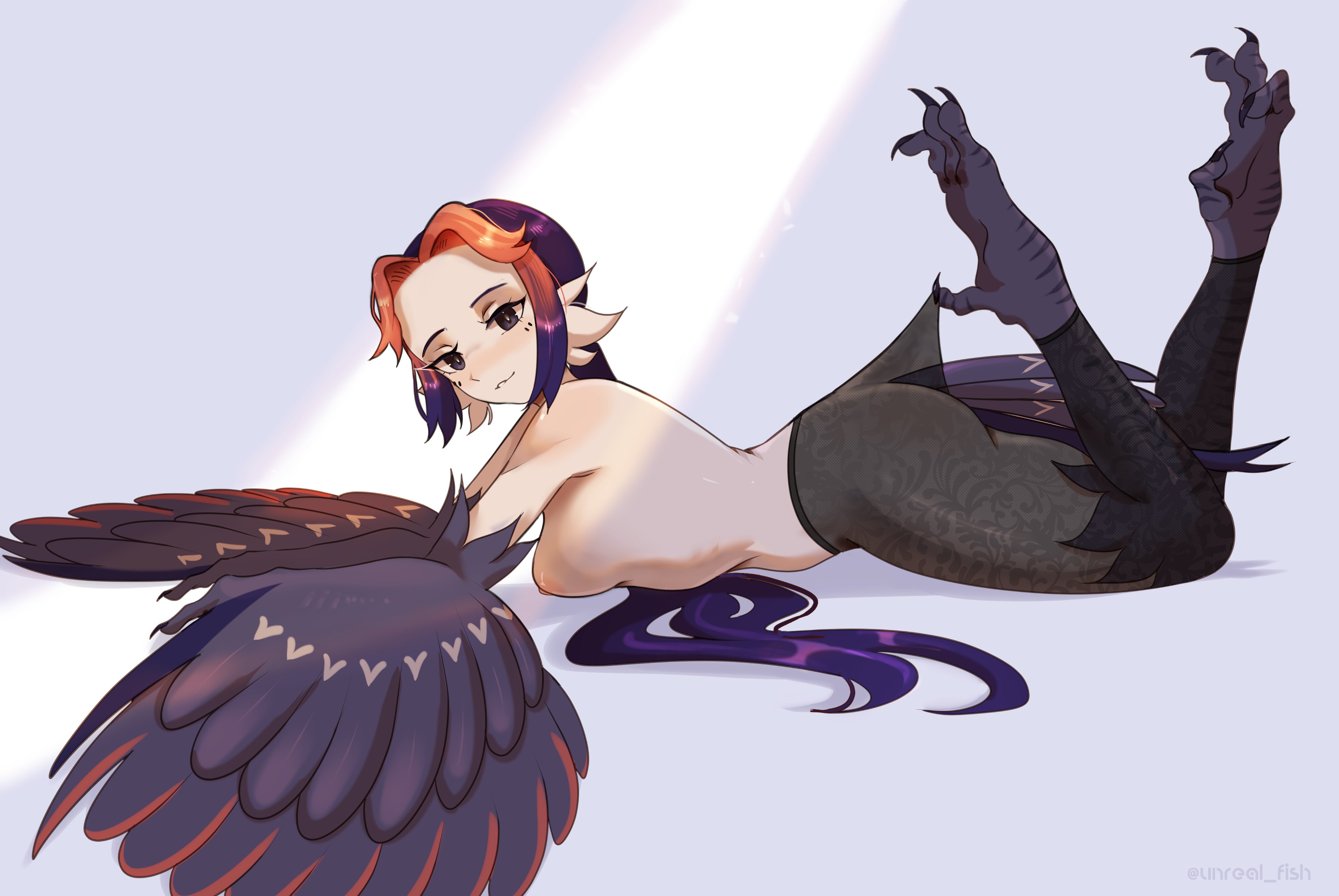 unreal fish, original, absurdres, commentary, english commentary, highres, 1girl, bird legs, black eyes, black feathers, black hair, black leggings, black wings, blush, breasts, feathers, harpy, leggings, long hair, looking at viewer, lying, monster girl, multicolored hair, nipples, nude, on stomach, orange hair, parted bangs, parted lips, patterned legwear, sidelocks, small breasts, solo, talons, two-tone hair, very long hair, white background, winged arms, wings