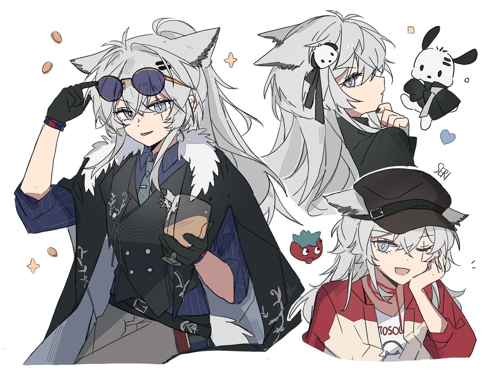 seri (vyrlw), lappland (arknights), arknights, commentary request, highres, 1girl, ;d, alternate costume, animal ears, artist name, black gloves, black vest, brown hat, coin, collared shirt, eyewear on head, fang, flat cap, gloves, grey eyes, grey hair, hair between eyes, hair ornament, hand on own chin, hat, heart, jacket, long hair, looking at viewer, multiple views, one eye closed, open mouth, profile, purple-tinted eyewear, purple shirt, red jacket, scar, scar across eye, scar on face, shirt, simple background, skin fang, smile, tinted eyewear, vest, white background, wolf ears, wolf girl