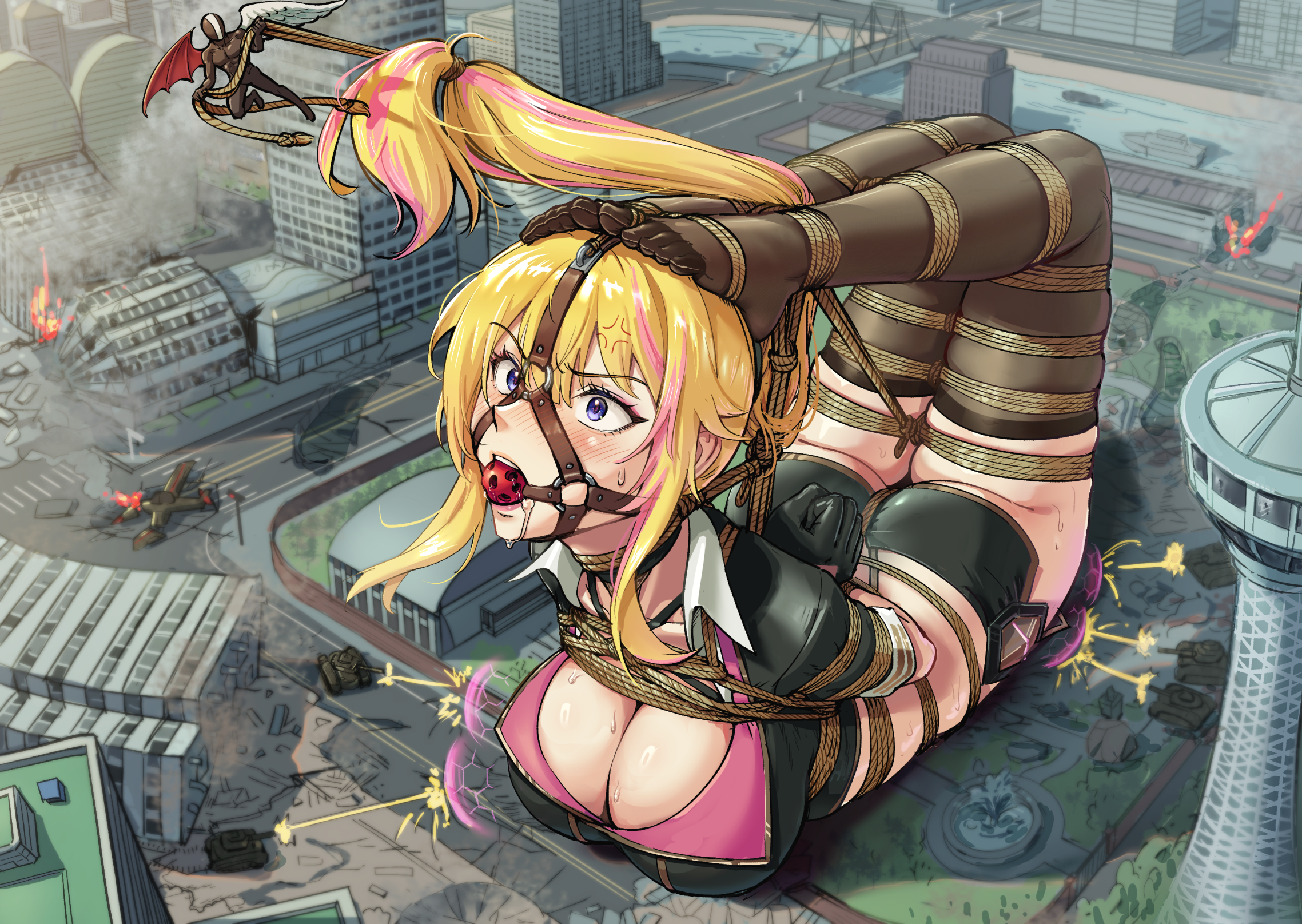 root001, original, commentary request, commission, highres, revision, 1boy, 1girl, aircraft, airplane, angel wings, anger vein, asymmetrical wings, ball gag, bdsm, black thighhighs, blonde hair, boat, bondage, bound, bound arms, bound legs, breasts, bridge, captured, city, cleavage, contortion, defeat, demon wings, destruction, drooling, feet, flexible, gag, gag harness, gagged, giant, giantess, high ponytail, hogtie, large breasts, military vehicle, motor vehicle, o-ring, over-kneehighs, pantyhose, ponytail, purple eyes, restrained, ruins, shibari, shibari over clothes, striped hair, tank, thighhighs, toes, watercraft, wiffle gag, wings