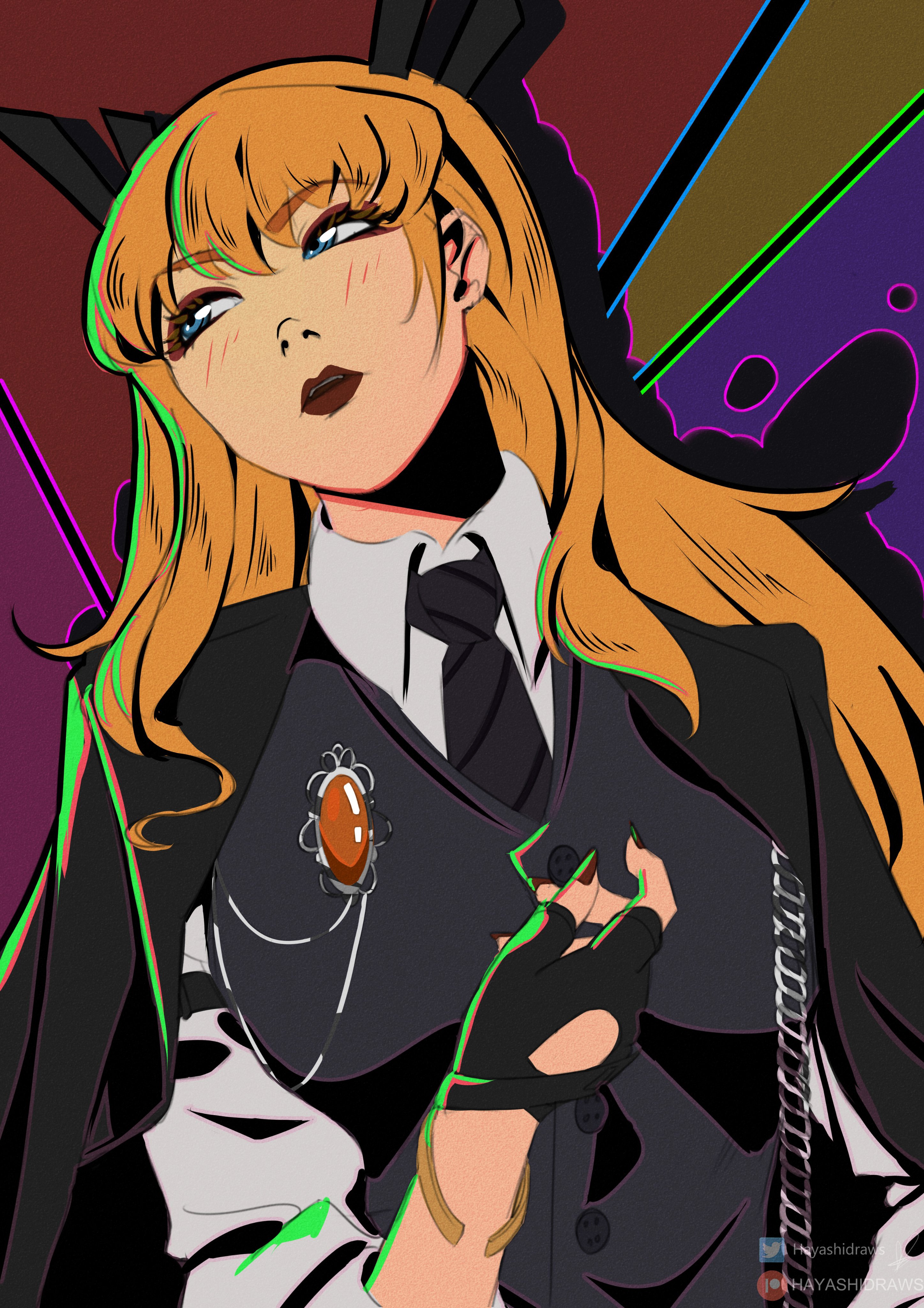 hayashidraws, magik (x-men), marvel, marvel rivals, absurdres, commentary, highres, 1girl, artist name, black gloves, black necktie, black vest, blonde hair, blue eyes, blush, fingerless gloves, gloves, long hair, necktie, open mouth, patreon logo, patreon username, shirt, solo, twitter logo, twitter username, vest, white shirt