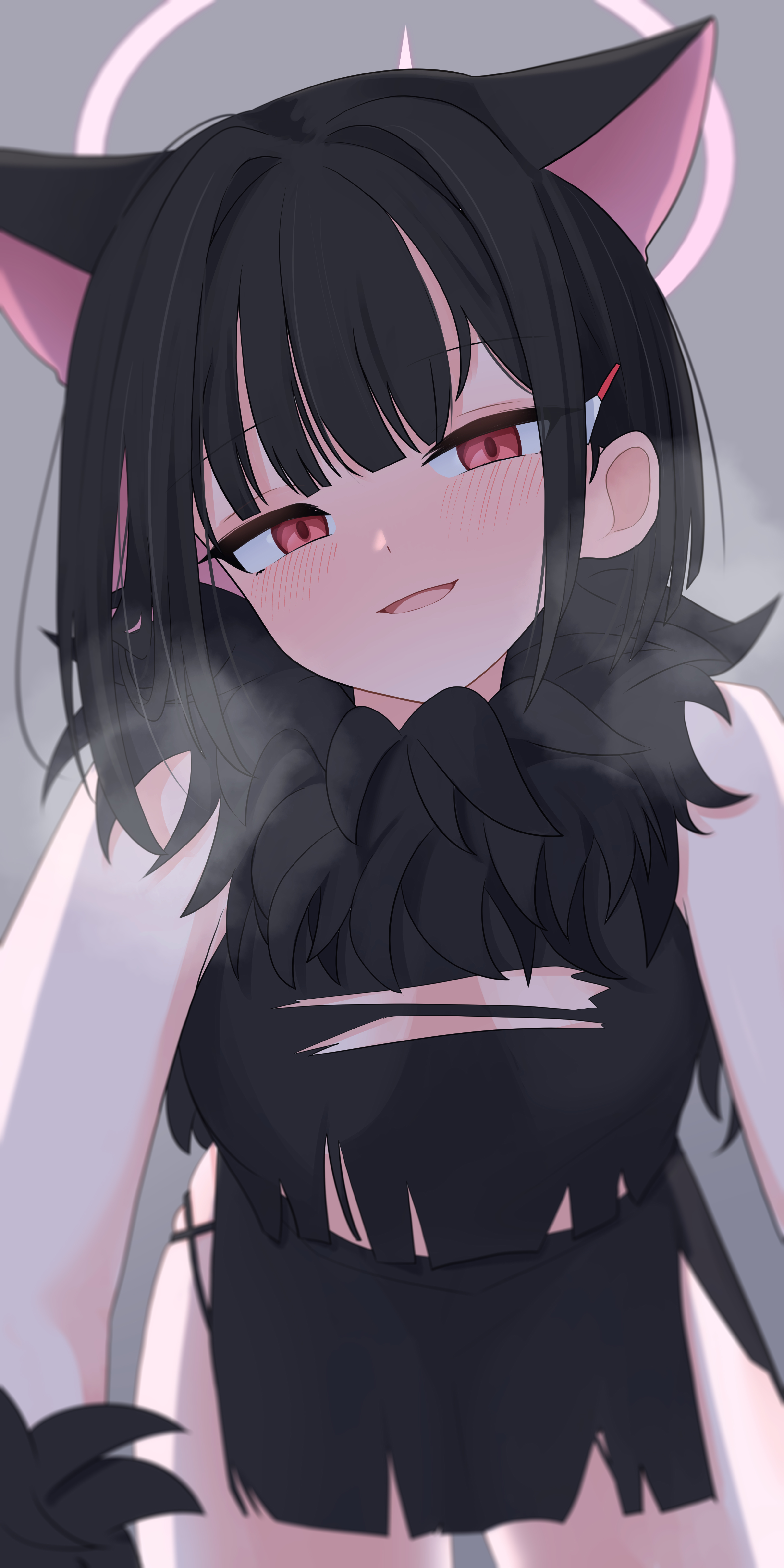 aikawa yuduki, kazusa (blue archive), kazusa (halloween) (blue archive), blue archive, absurdres, commentary request, highres, 1girl, :d, all fours, animal ears, bare shoulders, black hair, black skirt, blunt bangs, blurry, blush, breasts, breath, cat ears, cat girl, colored inner hair, come hither, depth of field, extra ears, fur scarf, grey background, hair behind ear, hair intakes, hair ornament, hairclip, halloween costume, halo, looking at viewer, medium breasts, medium hair, multicolored hair, official alternate costume, open mouth, pink hair, pink halo, pov, red eyes, simple background, skirt, smile, solo, straight-on, straight hair, tsurime, two-tone hair, werewolf costume