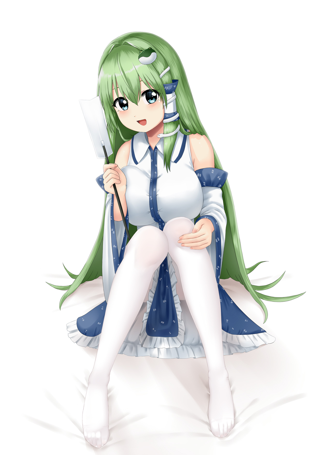 doge (jkdoge), kochiya sanae, touhou, commentary, highres, variant set, 1girl, blue skirt, breasts, detached sleeves, frilled skirt, frills, frog hair ornament, gohei, green eyes, green hair, hair ornament, hair tubes, holding, holding gohei, huge breasts, long hair, looking at viewer, open mouth, pantyhose, single hair tube, skirt, smile, snake hair ornament, solo, very long hair, white pantyhose