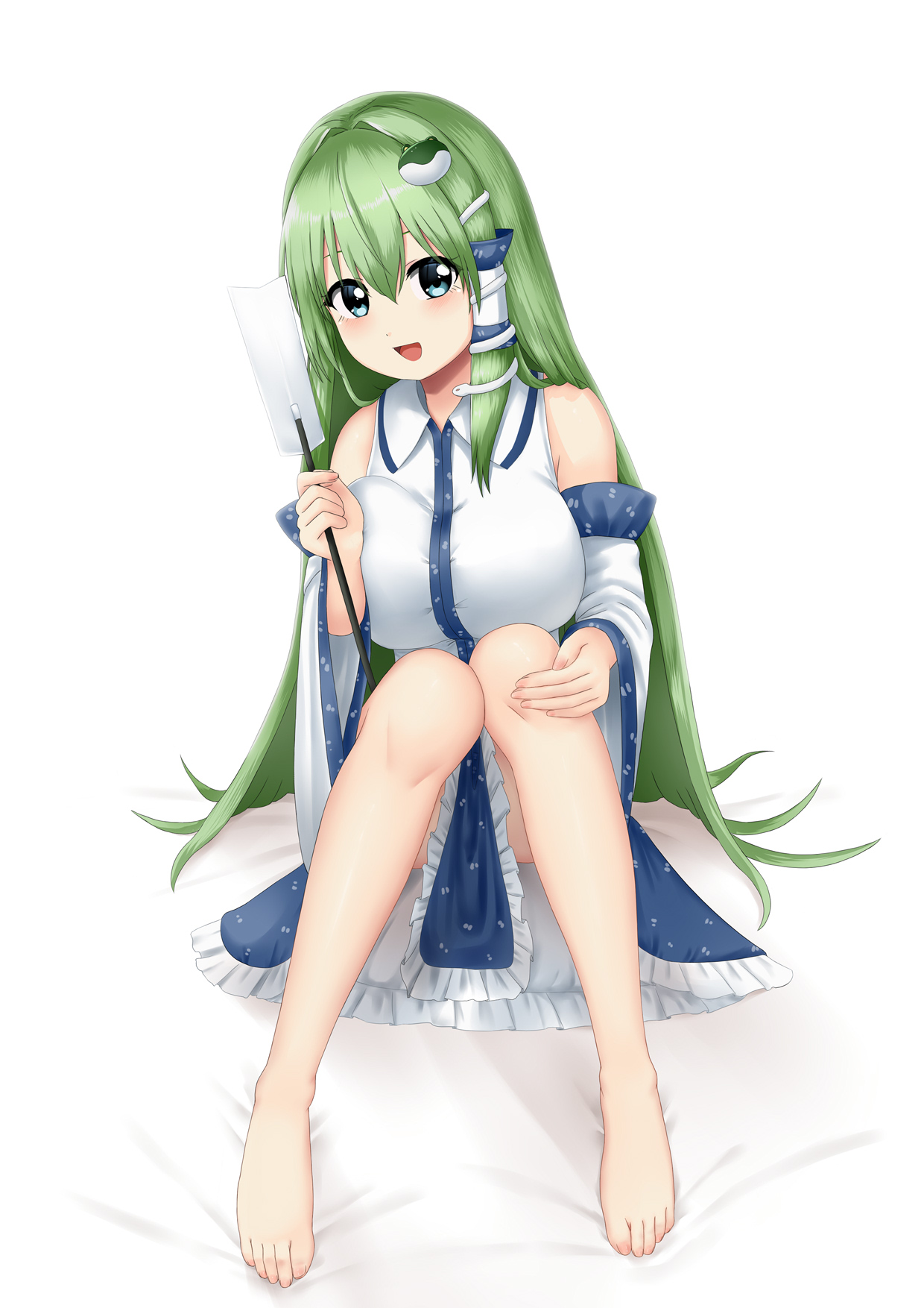 doge (jkdoge), kochiya sanae, touhou, commentary, highres, variant set, 1girl, barefoot, blue skirt, breasts, detached sleeves, frilled skirt, frills, frog hair ornament, gohei, green eyes, green hair, hair ornament, hair tubes, holding, holding gohei, huge breasts, long hair, looking at viewer, open mouth, single hair tube, skirt, smile, snake hair ornament, solo, toes, very long hair