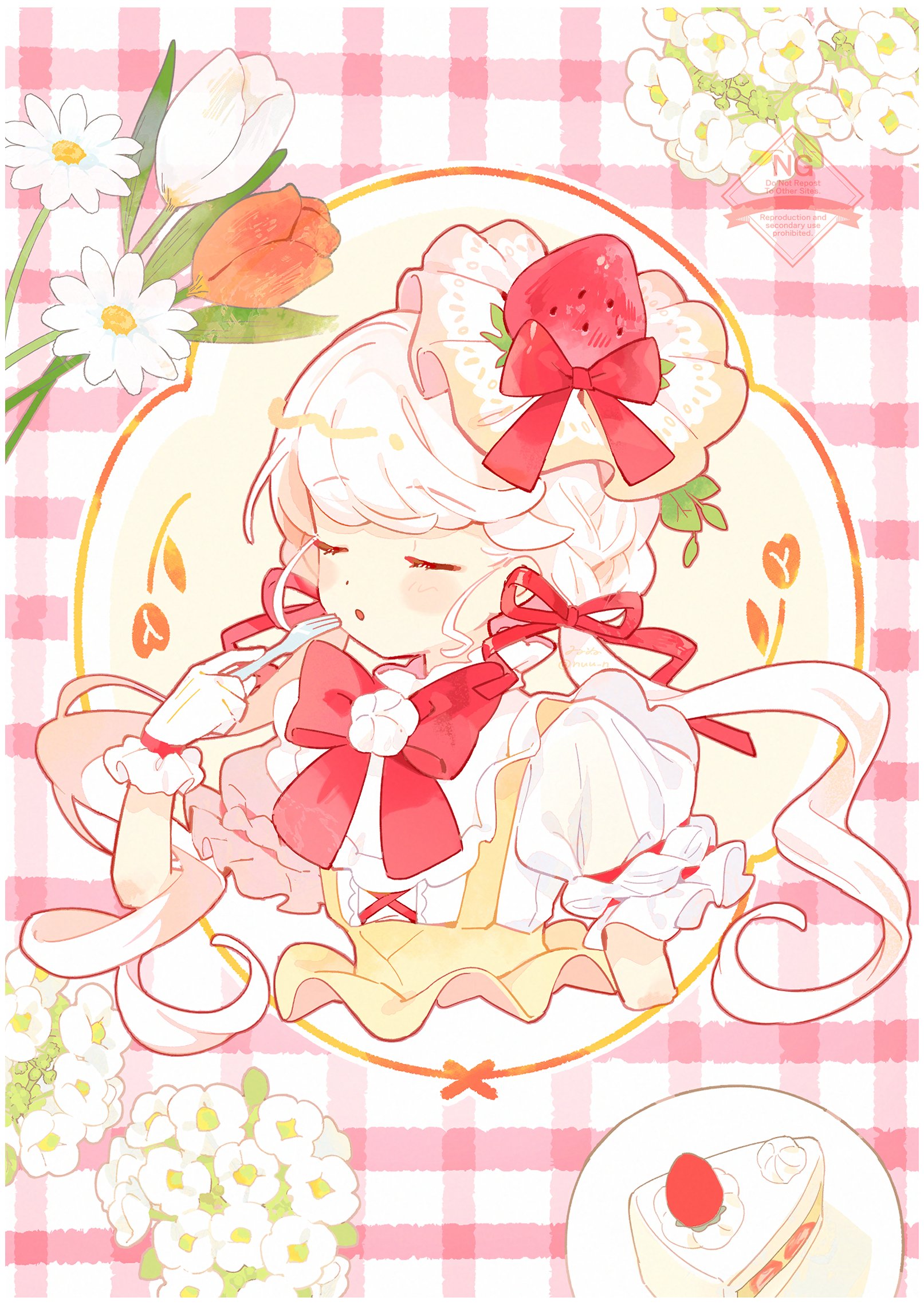 chipochopo324, original, commentary, highres, symbol-only commentary, 1girl, blush stickers, bow, bowtie, braid, cake, cake slice, closed eyes, cropped torso, flower, food, food-themed hat, fork, fruit, gingham background, gloves, hair ribbon, holding, holding fork, low twintails, open mouth, plate, puffy short sleeves, puffy sleeves, ribbon, short sleeves, skirt, solo, strawberry, strawberry blossoms, strawberry hat ornament, strawberry shortcake, suspender skirt, suspenders, tulip, twintails, white hair