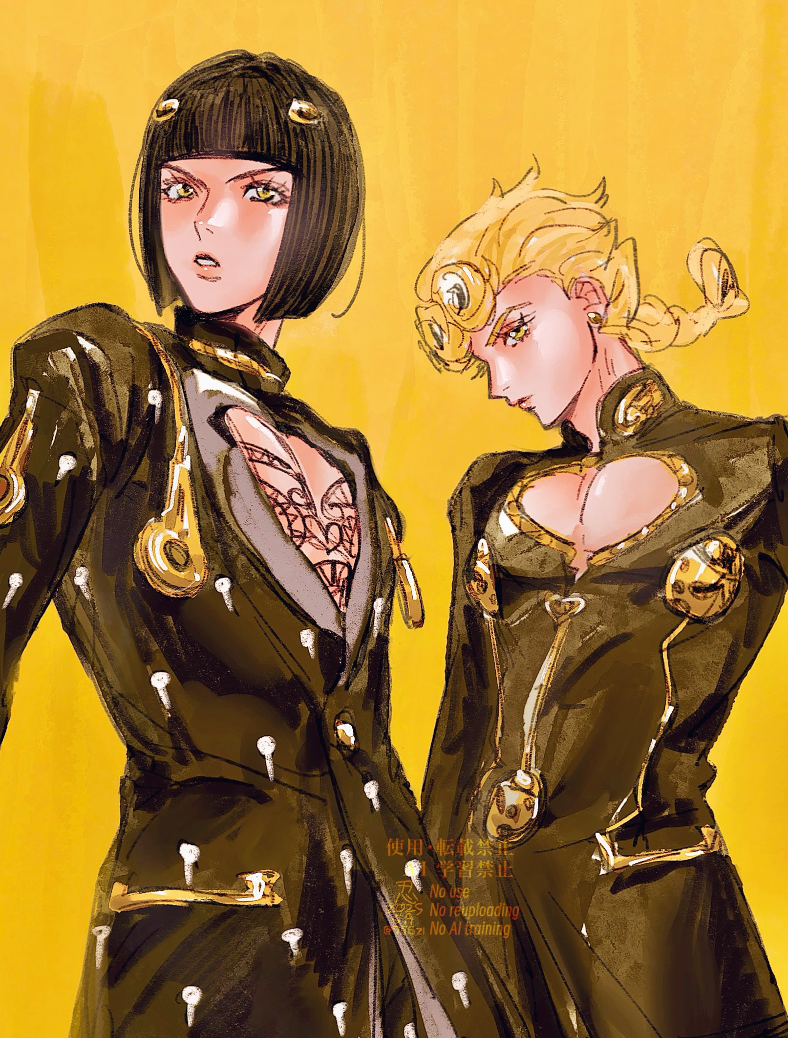 756zl, bruno bucciarati, giorno giovanna, jojo no kimyou na bouken, vento aureo, commentary, highres, symbol-only commentary, 2boys, alternate color, black hair, blonde hair, blunt bangs, bob cut, braid, earrings, hair ornament, jewelry, long hair, male focus, multiple boys, parted lips, pectoral cleavage, pectorals, short hair, watermark, yellow background, yellow eyes, zipper pull tab