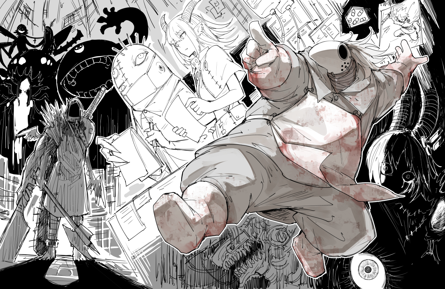 kankan33333, original, commentary request, 1girl, apron, axe, blood, blood on clothes, blot plot, boots, butcher, extra eyes, full body, gloves, goat horns, greyscale, holding, holding axe, holding pencil, horns, karune (kankan33333), korone (kankan33333), mask, monochrome, monochrome background, monster, monster boy, monster girl, mouth mask, pencil, plague doctor mask, pointing, short hair, spot color, stitched face, stitches, sword, sword on back, weapon, weapon on back