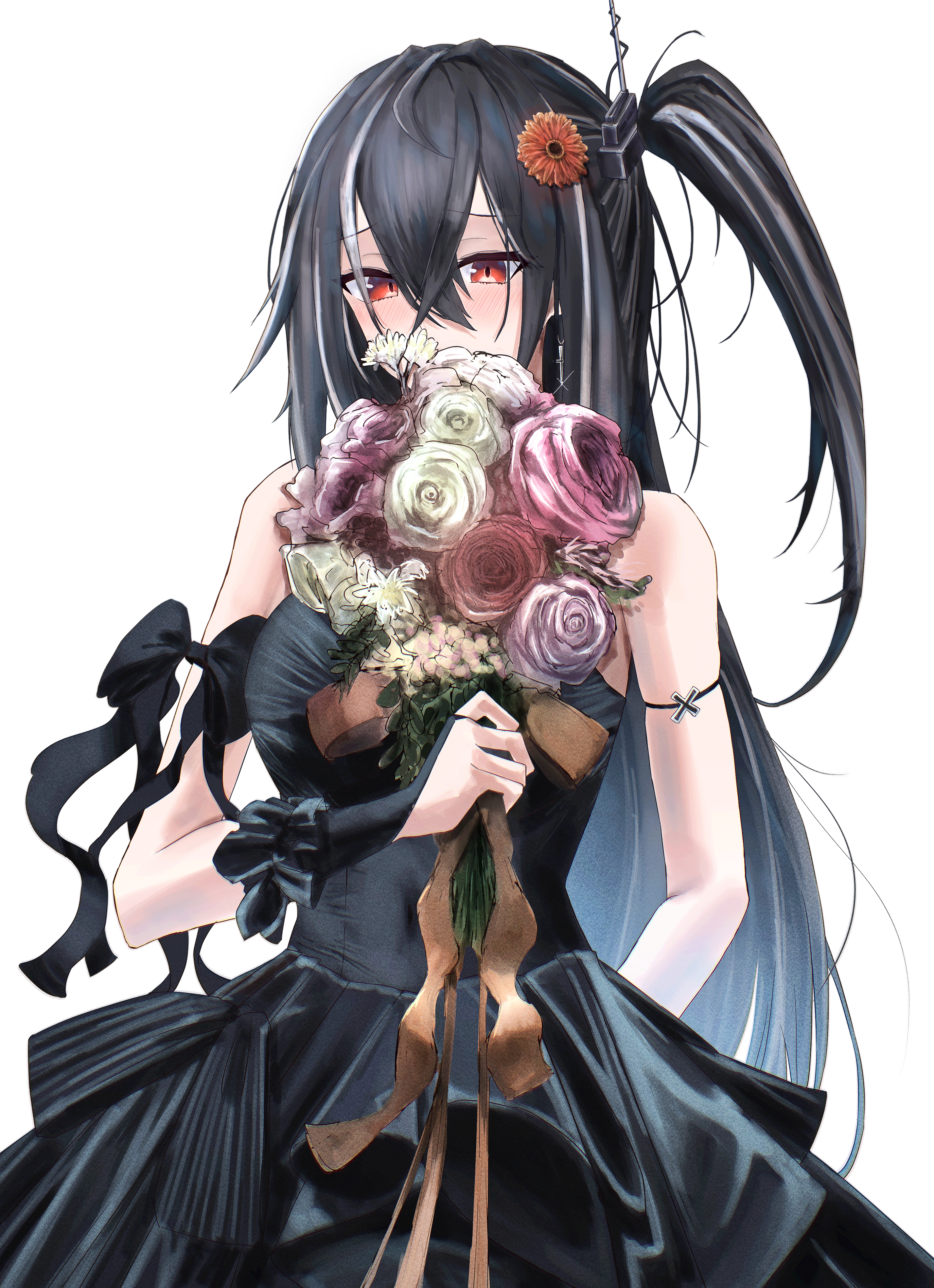 00zanpan00, u-47 (azur lane), azur lane, absurdres, commentary, english commentary, highres, 1girl, alternate costume, arm behind back, bare shoulders, black bow, black bridal gauntlets, black hair, blush, bouquet, bow, breasts, bridal gauntlets, bride, covering own mouth, cowboy shot, cross, cross earrings, crossed bangs, dress, earrings, flower, hair between eyes, hair flower, hair ornament, headgear, holding, holding bouquet, jewelry, large breasts, long hair, looking at viewer, multicolored hair, one side up, pink flower, red eyes, red flower, rose, sidelocks, simple background, single arm cuff, single bridal gauntlet, skindentation, solo, streaked hair, wedding dress, white background, white flower, white hair, white rose