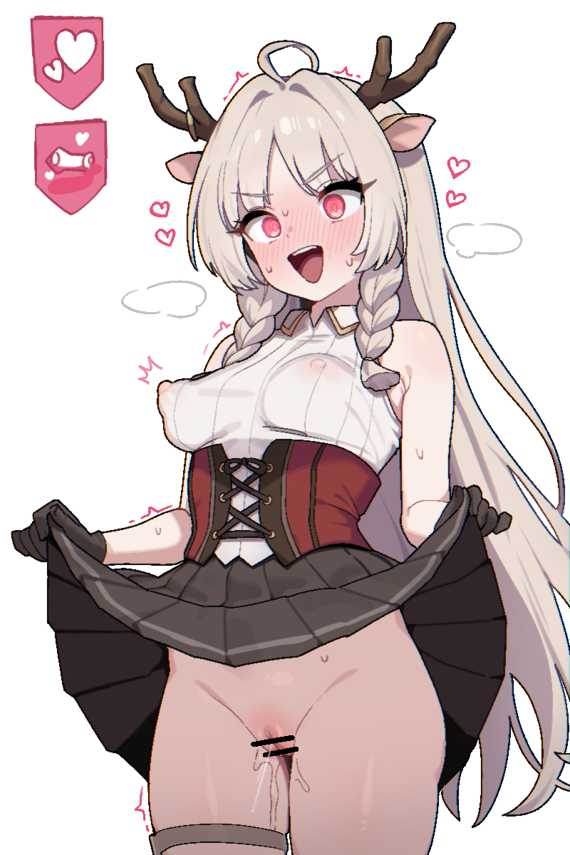 sorahana (haruka1638), louise marie, princess connect!, highres, 1girl, black gloves, blush, covered erect nipples, female orgasm, gloves, heart, no panties, orgasm, skirt, smile