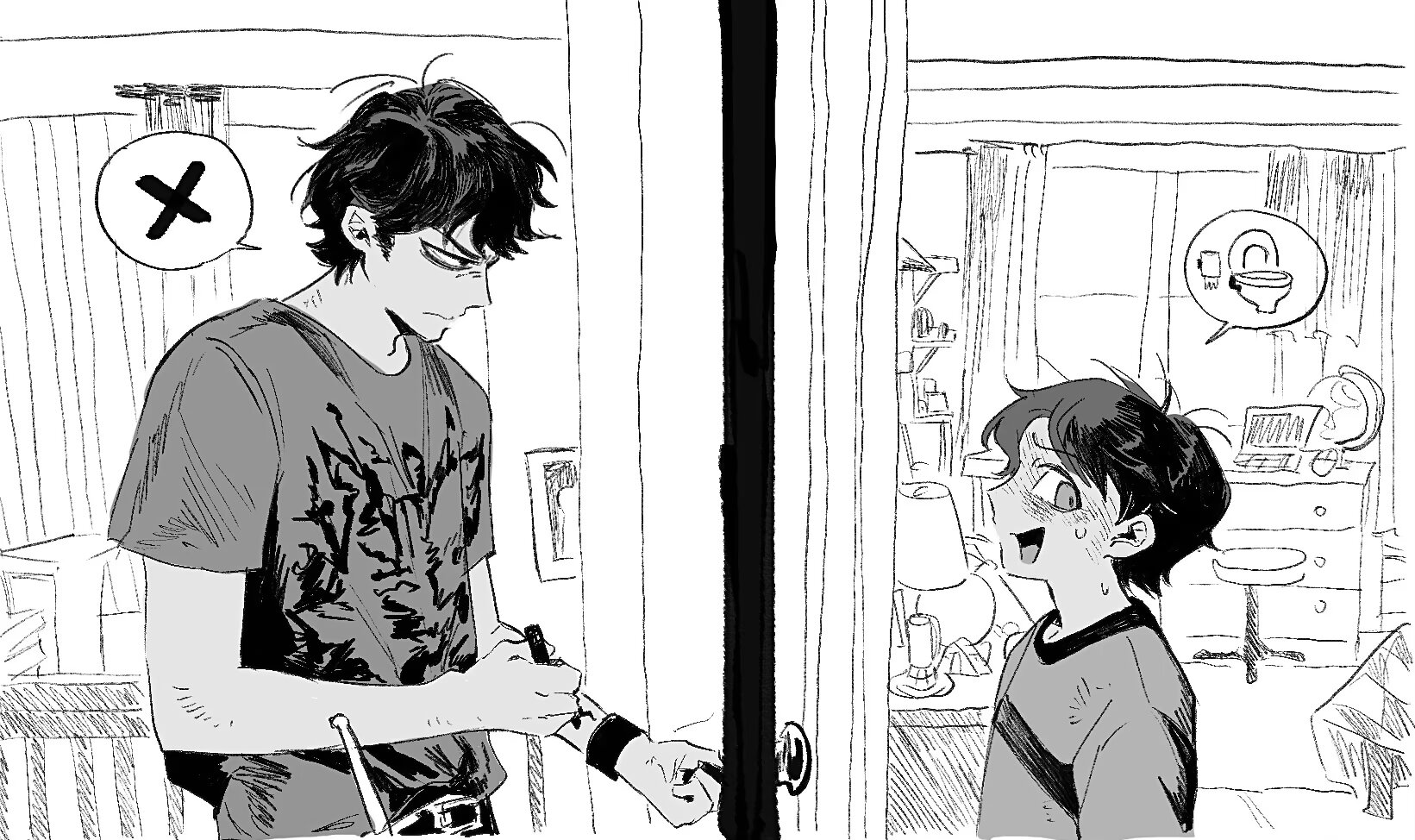 hamusitas, greg heffley, diary of a wimpy kid, highres, 2boys, :d, angry, belt, belt buckle, blush, brothers, buckle, chair, chest of drawers, curtains, desk lamp, door, doorknob, drumsticks, forehead, from side, frown, furrowed brow, glaring, greyscale, hatching (texture), have to pee, height difference, holding, holding marker, indoors, lamp, linear hatching, looking back, male focus, marker, messy hair, monochrome, multiple boys, open mouth, parted bangs, picture frame, print shirt, profile, railing, raised inner eyebrows, rodrick heffley, scene reference, shelf, shirt, short hair, short sleeves, siblings, sideburns, smile, speech bubble, split screen, spoken object, spoken symbol, spoken x, sweat, swivel chair, t-shirt, toilet, toilet paper, upper body, v-shaped eyebrows, window, wristband