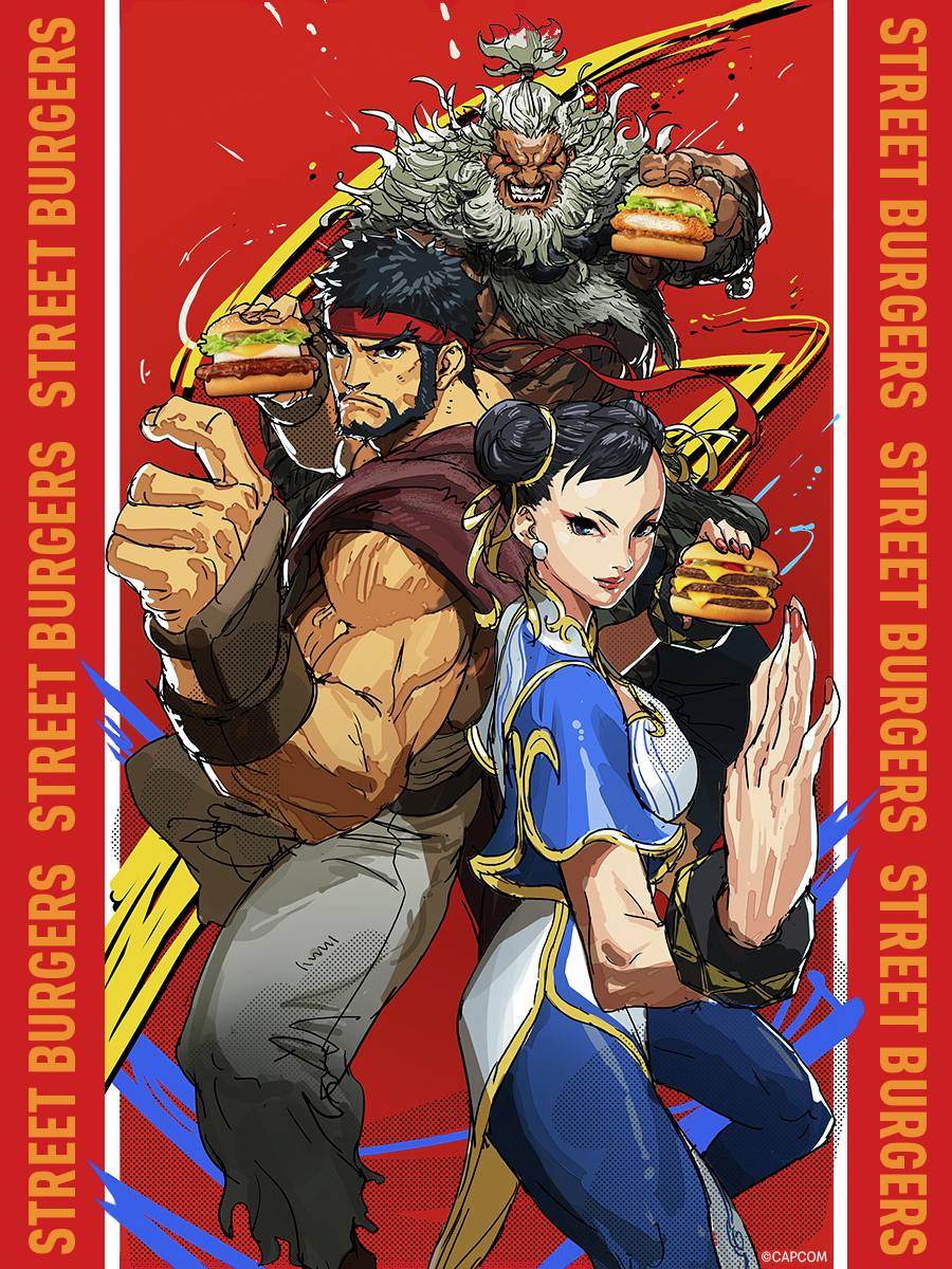 akuma (street fighter), chun-li, ryu (street fighter), capcom, mcdonald's, street fighter, street fighter 6, artist request, commentary, highres, official art, 1girl, 2boys, beard, black hair, blue dress, blue pants, burger, china dress, chinese clothes, company name, copyright name, double bun, dress, earrings, facial hair, fighting stance, food, hair bun, holding, holding burger, holding food, jewelry, looking at viewer, multiple boys, muscular, muscular male, pants, short hair, smile, two-tone dress, white dress, white hair, white pants