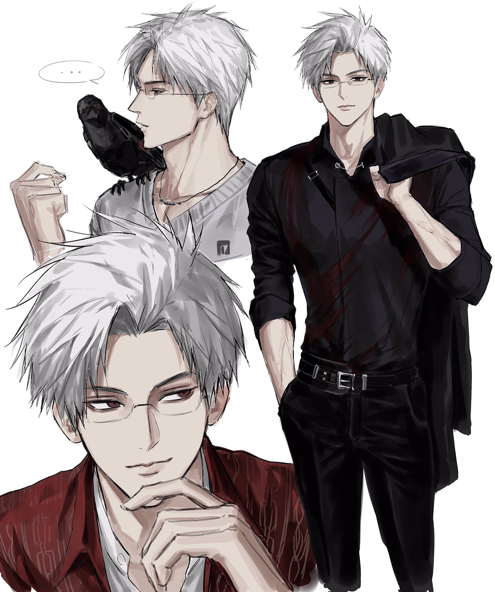 sso s, sylus (love and deepspace), love and deepspace, highres, …, 1boy, belt, bird, black belt, black pants, black shirt, collared shirt, cropped legs, crow, hand in pocket, holding unworn jacket, male focus, multiple views, pants, red eyes, shirt, short hair, simple background, spoken ellipsis, white background, white hair