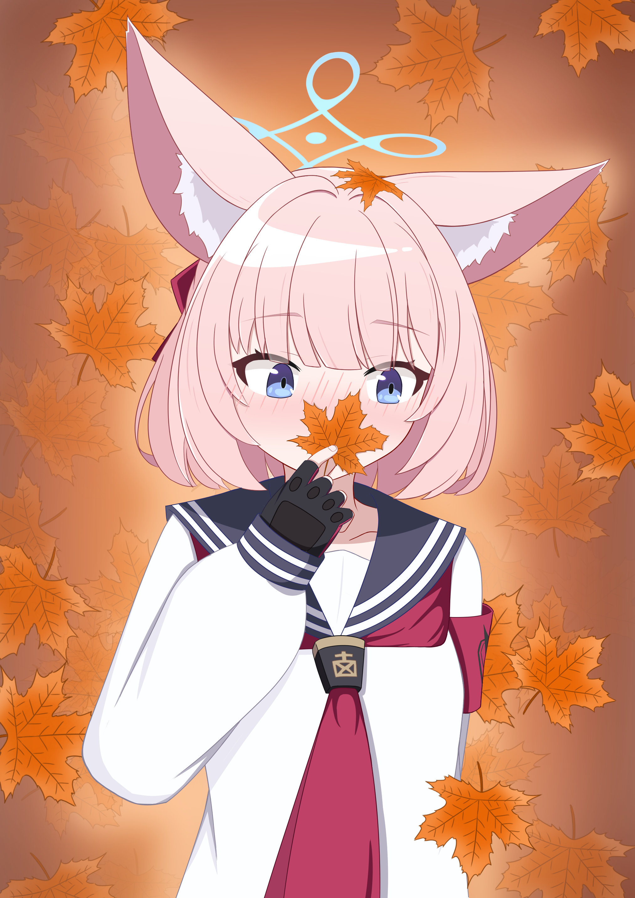 azurefetters, niko (blue archive), blue archive, absurdres, commentary request, highres, 1girl, animal ear fluff, animal ears, armband, autumn, autumn leaves, black gloves, black sailor collar, blue eyes, blue halo, blunt bangs, blush, covering own mouth, dated commentary, embarrassed, fingerless gloves, fox ears, fox girl, gloves, halo, hand up, holding, holding leaf, leaf, leaf on head, long sleeves, looking down, maple leaf, medium hair, neckerchief, nose blush, pink hair, red armband, red neckerchief, sailor collar, school uniform, serafuku, shirt, solo, straight hair, upper body, white shirt