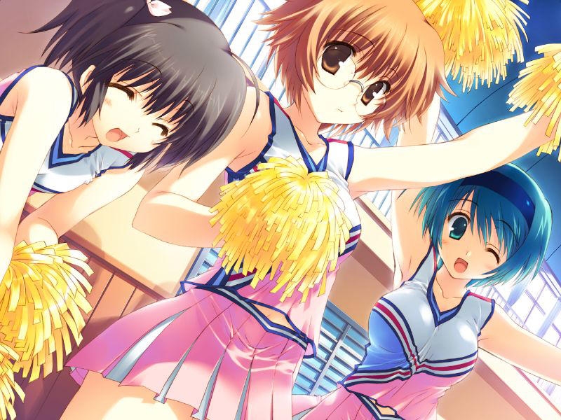 yamada michiru, yoshioka chie, yuzuhara konomi, to heart (series), to heart 2, artist request, tagme, 00s, 3girls, armpits, cheerleader, closed eyes, glasses, green eyes, hairband, happy, multiple girls, one eye closed, short hair, short twintails, smile, twintails, wink
