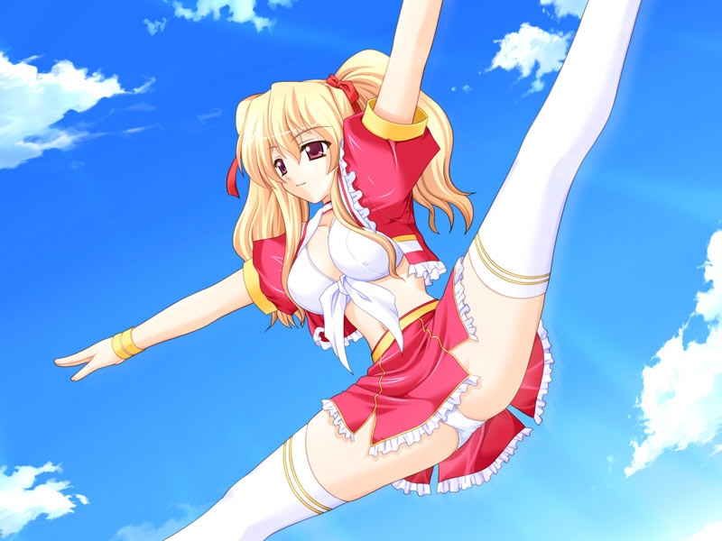 furuno masashi, nanami ayane, shirakaba kozue, cheerfull!, blonde hair, breasts, cheerleader, cloud, hair ribbon, jumping, long hair, panties, red eyes, ribbon, sky, smile, spread legs, thighhighs, twintails, underwear