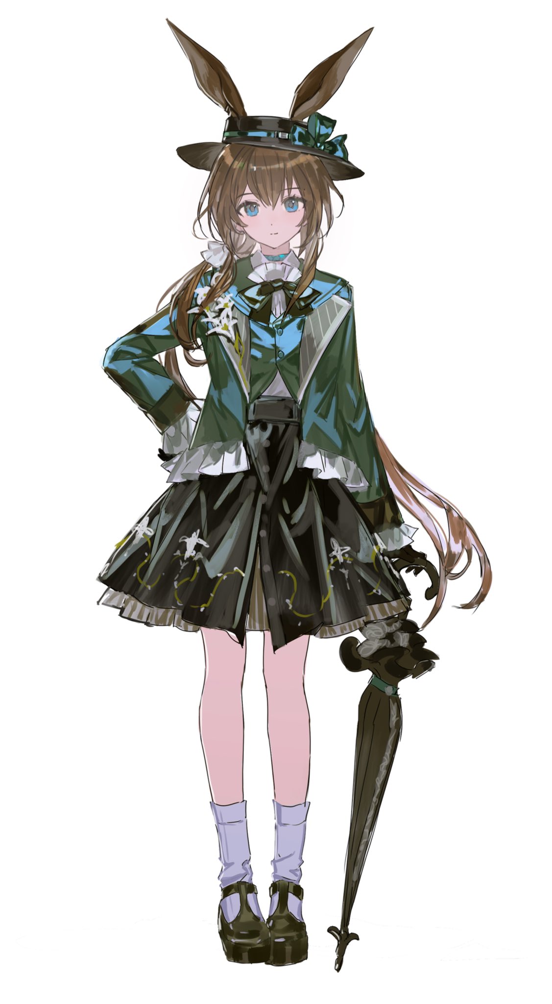 ns404, amiya (arknights), arknights, highres, 1girl, animal ears, black hat, black shoes, black skirt, blue eyes, brown hair, buttons, closed mouth, ears through headwear, full body, green jacket, grey socks, hair between eyes, hat, jacket, kneehighs, long hair, long sleeves, looking at viewer, shoes, simple background, skirt, socks, solo, standing, umbrella, white background