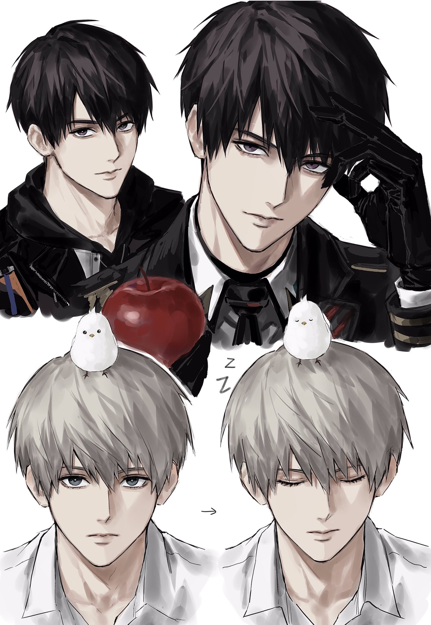 sso s, love and deepspace, character request, highres, 2boys, apple, black gloves, black hair, closed mouth, collared shirt, food, fruit, gloves, grey eyes, grey hair, hair between eyes, holding, holding food, holding fruit, lips, looking at viewer, male focus, multiple boys, shirt, short hair, simple background, sleeping, white background, white shirt, zzz