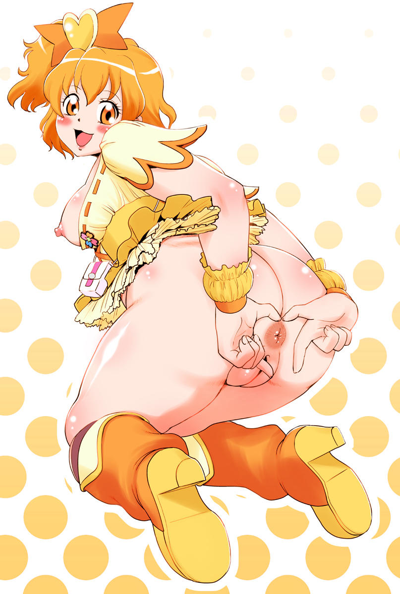 mura-san, cure pine, yamabuki inori, fresh precure!, precure, highres, tagme, 00s, anus, ass, boots, breasts, cleft of venus, nipples, orange hair, pussy, uncensored, yellow eyes