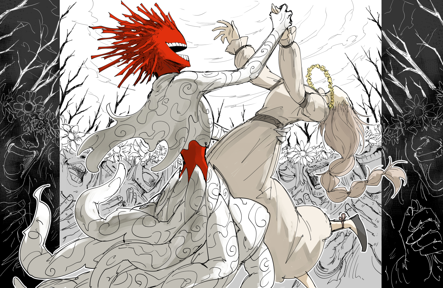 kankan33333, original, commentary request, 1girl, arched back, blot plot, branch, brown hair, colored skin, crowd, dancing, dress, feet out of frame, flower, flower head, flower necklace, forced, from side, greyscale, grid teeth, hand on another's waist, holding hands, hyuba (kankan33333), jewelry, leg up, long dress, long hair, monochrome, monochrome background, monster, multi-tied hair, necklace, red skin, smile, spot color, teeth