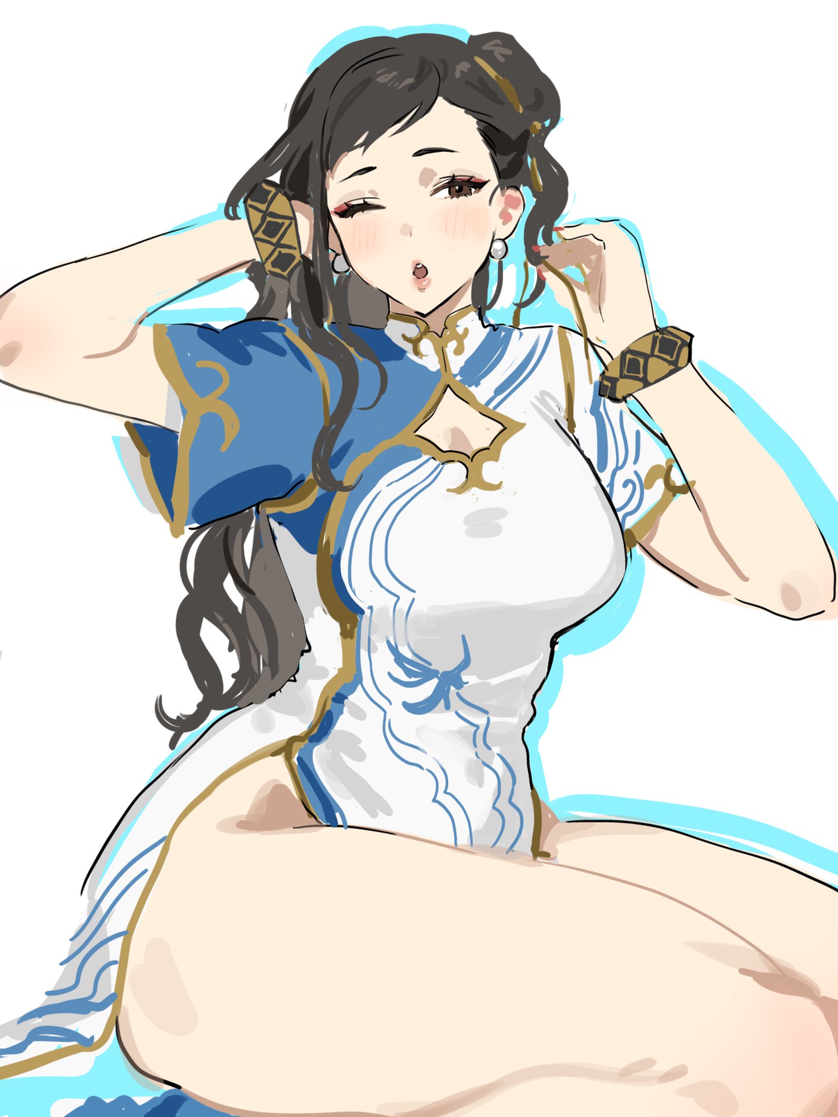 8 osc, chun-li, capcom, street fighter, street fighter 6, highres, 1girl, adjusting hair, bracelet, breasts, brown eyes, brown hair, china dress, chinese clothes, cleavage cutout, clothing cutout, dress, earrings, gold trim, hair bun, jewelry, large breasts, no pants, one eye closed, sitting, sketch, solo, thick thighs, thighs