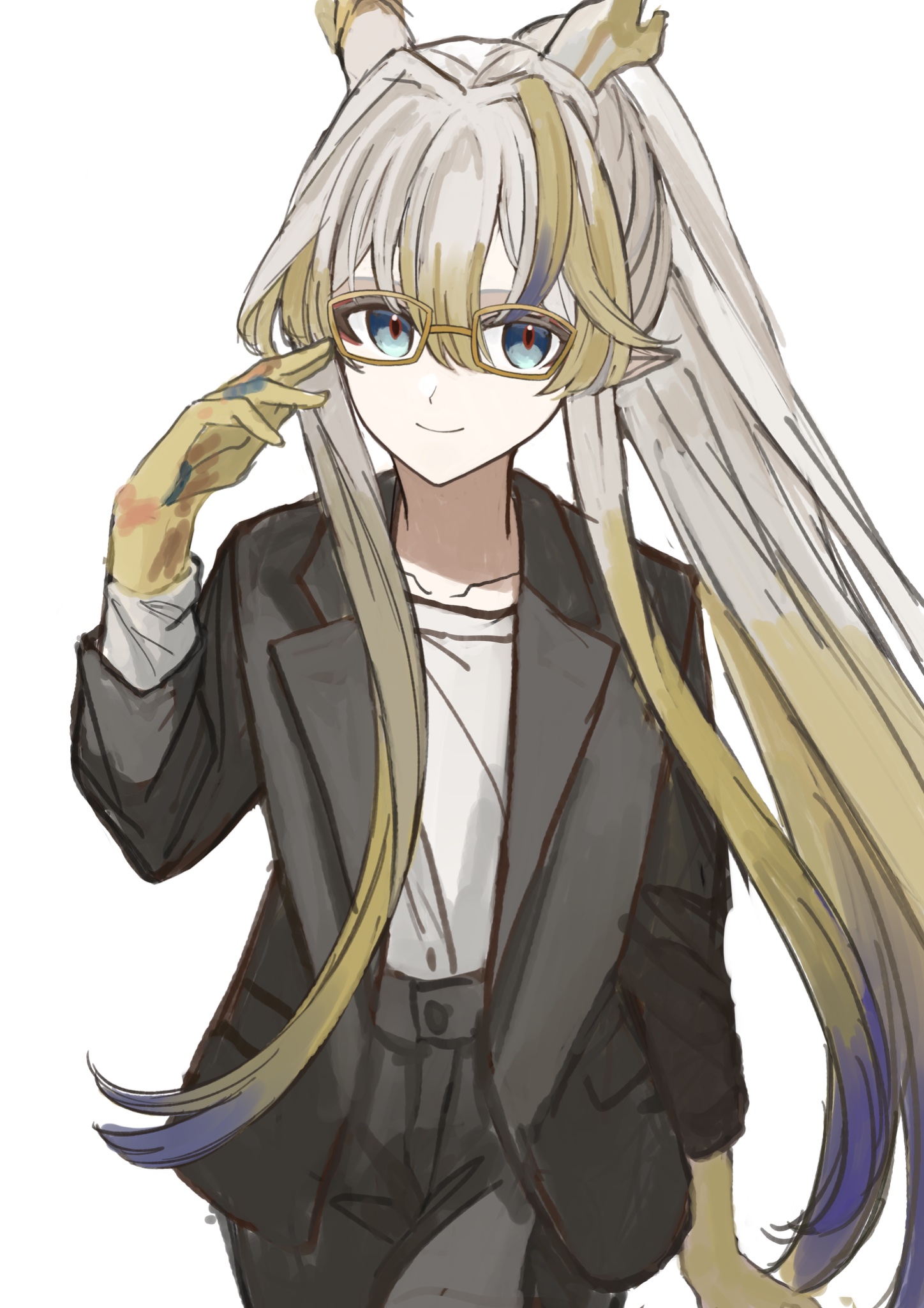 udo (akn otk), shu (arknights), arknights, commentary, english commentary, highres, mixed-language commentary, 1girl, alternate costume, aqua eyes, bespectacled, black jacket, blazer, blonde hair, closed mouth, cowboy shot, dragon girl, dragon horns, glasses, grey hair, hair between eyes, horns, jacket, lapels, long hair, looking at viewer, multicolored hair, open clothes, open jacket, purple hair, shirt, simple background, smile, solo, standing, t-shirt, white background, white shirt, yellow-framed eyewear
