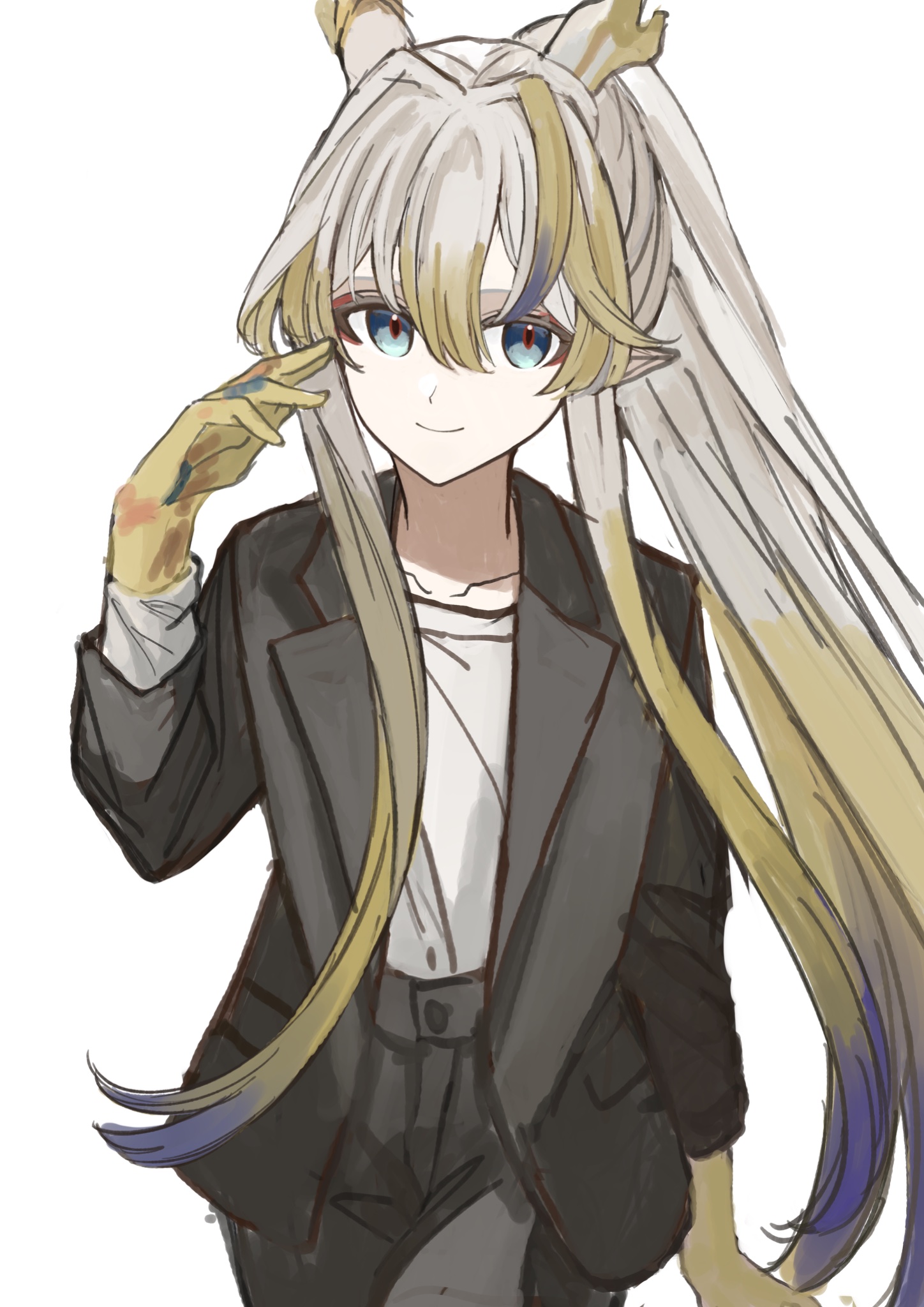 udo (akn otk), shu (arknights), arknights, commentary, english commentary, highres, mixed-language commentary, 1girl, alternate costume, aqua eyes, black jacket, blazer, blonde hair, closed mouth, cowboy shot, dragon girl, dragon horns, grey hair, hair between eyes, horns, jacket, lapels, long hair, looking at viewer, multicolored hair, open clothes, open jacket, purple hair, shirt, simple background, smile, solo, standing, t-shirt, white background, white shirt