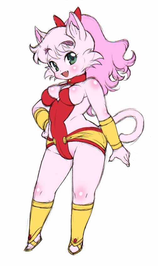 meeya, rpg densetsu hepoi, animal ear fluff, animal ears, bracer, breasts, cat ears, cat girl, cat tail, cleavage, collar, colored skin, fang, full body, furry, furry female, green eyes, hand on own hip, high ponytail, leotard, open mouth, pink hair, ponytail, raised eyebrows, sideboob, simple background, smile, solo, tail, thick eyebrows, thick thighs, thighs, white background