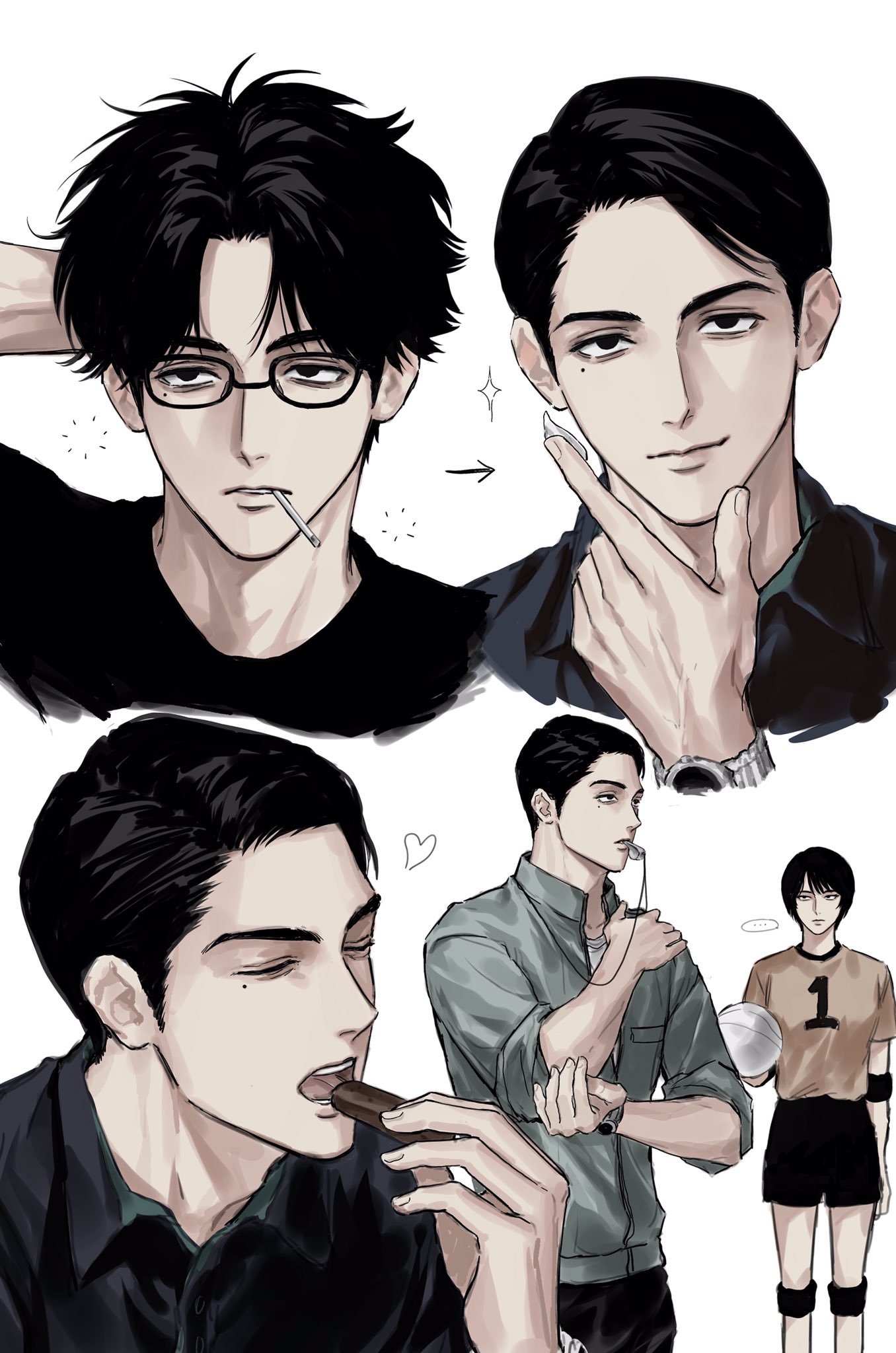 sso s, highres, 1boy, 1girl, black-framed eyewear, black eyes, black hair, closed mouth, eating, forehead, glasses, heart, kobayashi keiji (onna no sono no hoshi), mole, mole under eye, mouth hold, onna no sono no hoshi, short hair, simple background, sleeves pushed up, teeth, watch, whistle, whistle around neck, white background, wristwatch