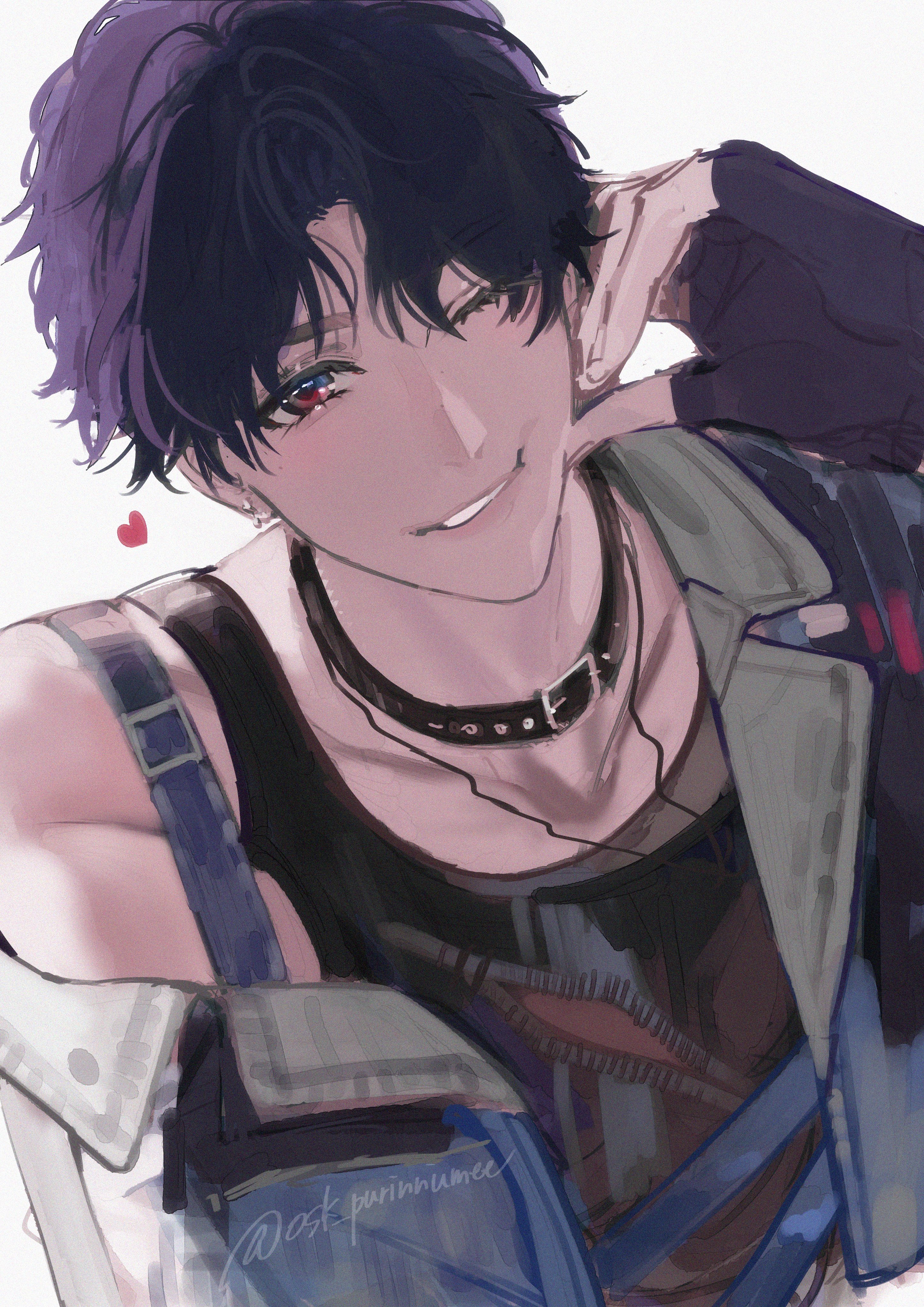 osaki iyo, rafayel (love and deepspace), love and deepspace, absurdres, highres, 1boy, animal collar, black choker, black gloves, black tank top, choker, collar, fingerless gloves, gloves, hair between eyes, hand on own cheek, hand on own face, jacket, jacket partially removed, looking at viewer, male focus, one eye closed, parted bangs, parted lips, purple hair, red eyes, short hair, smile, solo, tank top, twitter username, upper body, white background