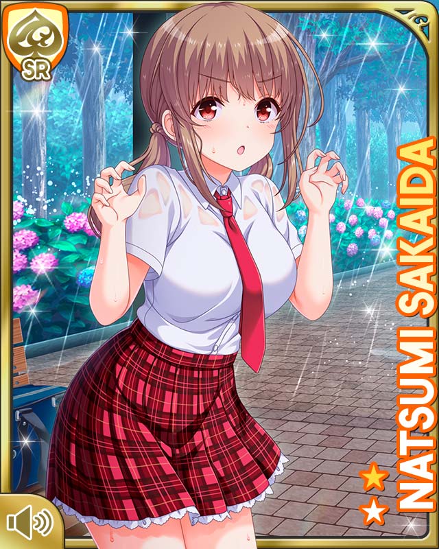qp:flapper, sakaida natsumi, girlfriend (kari), official art, tagme, 1girl, :o, breasts, brown hair, card (medium), closed eyes, day, female focus, large breasts, long hair, open mouth, outdoors, plaid clothes, plaid skirt, rain, red eyes, red skirt, school uniform, shirt, shoes, skirt, socks, solo, standing, v-shaped eyebrows, wet, wet clothes, white shirt