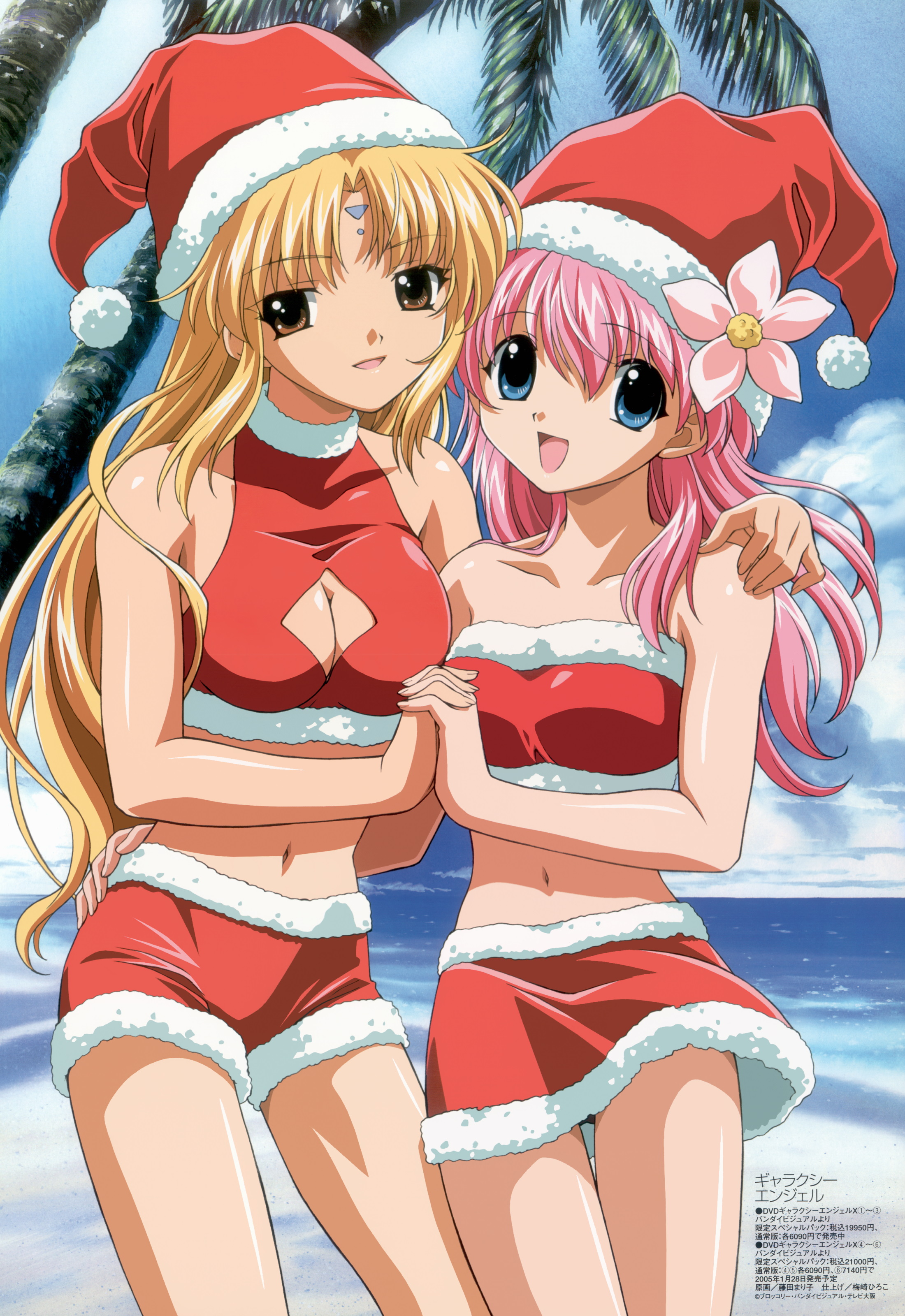 milfeulle sakuraba, ranpha franboise, galaxy angel, absurdres, highres, 00s, 2girls, beach, blonde hair, hand grab, hat, long hair, looking at viewer, merry christmas, multiple girls, navel, palm tree, pink hair, santa costume, santa hat, thighhighs, tree