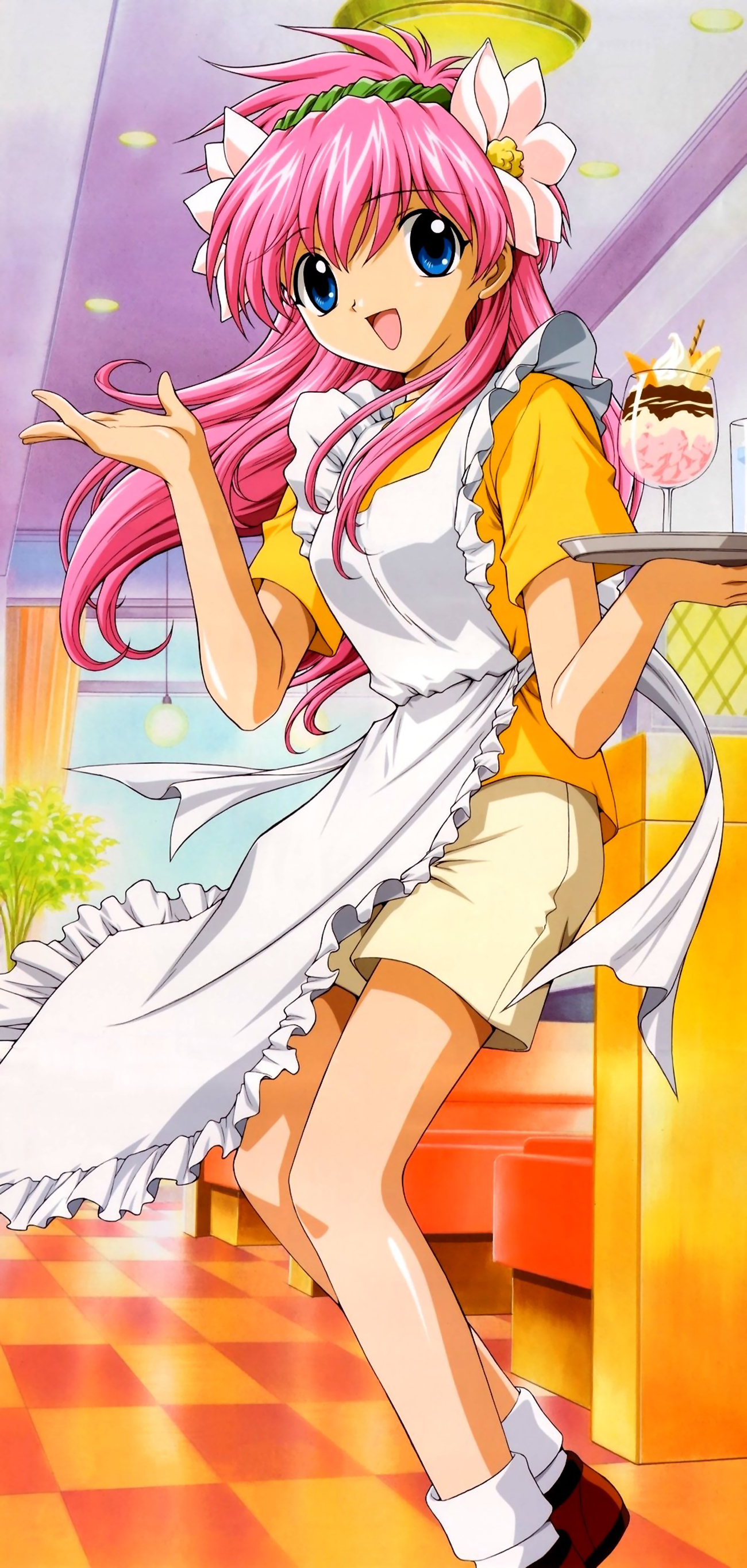 milfeulle sakuraba, galaxy angel, absurdres, highres, official art, 00s, 1girl, apron, blue eyes, female focus, flower, food, hair flower, hair ornament, happy, indoors, long hair, looking at viewer, parfait, pink hair, shorts, smile, solo, waitress