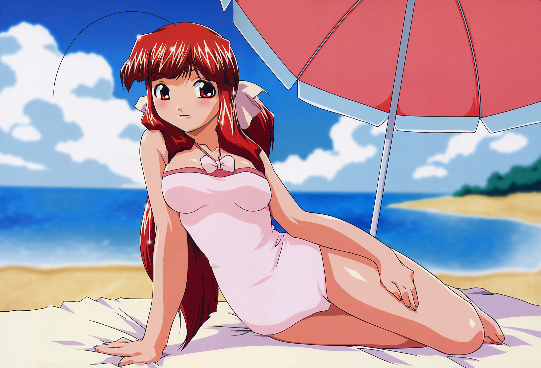 kingyo no ran, tenshi no shippo, highres, 00s, arm support, beach, blanket, blush, bow, day, female focus, full body, hair bow, hair ornament, hair ribbon, long hair, matching hair/eyes, outdoors, parasol, red eyes, red hair, ribbon, sand, solo, summer, swimsuit, thighhighs, thighs, umbrella, water