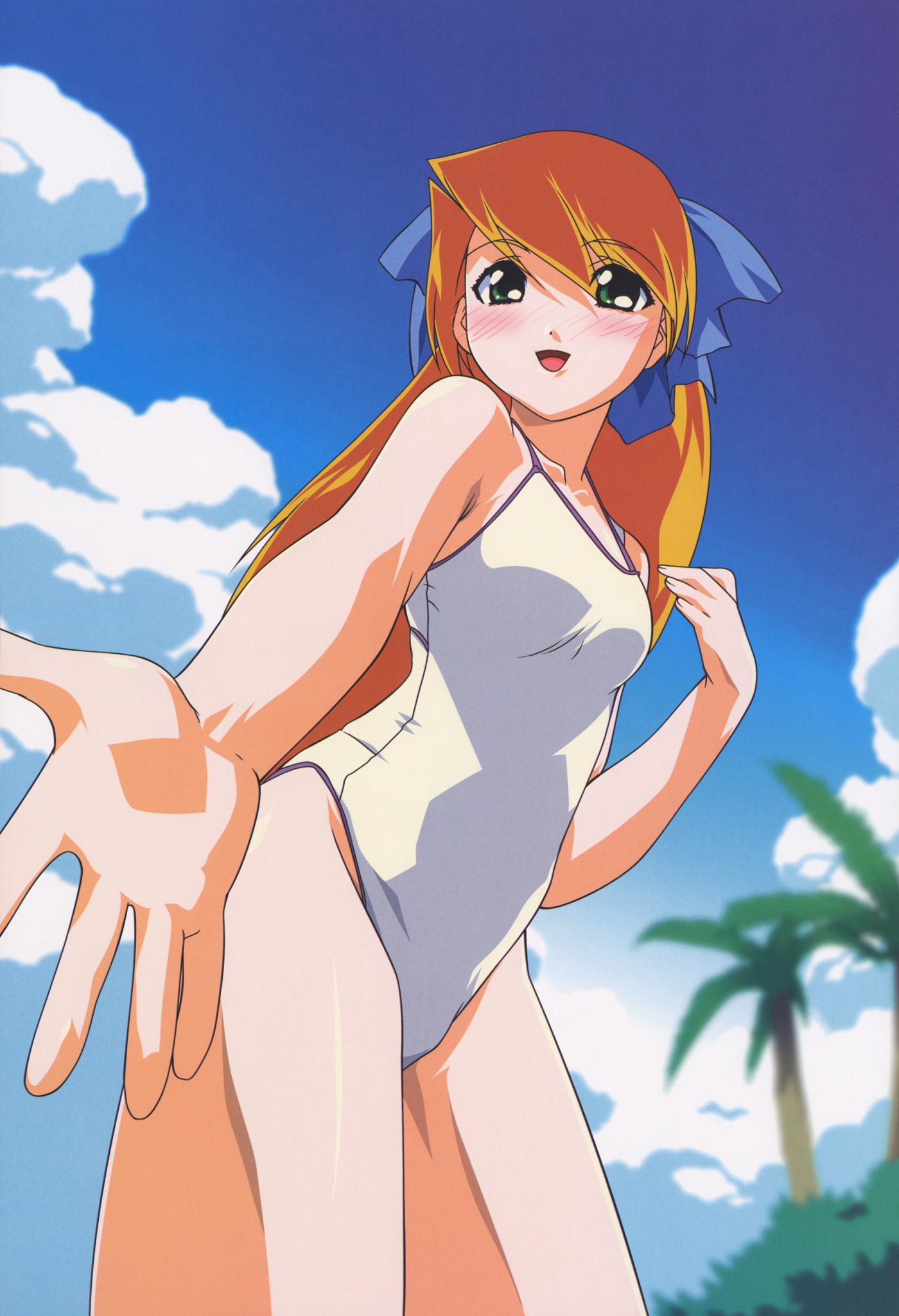 kouda tomohiro, kitsune no akane, tenshi no shippo, highres, 00s, akane the fox, beach, blonde hair, blush, green eyes, hair ribbon, long hair, palm tree, ribbon, swimsuit, thighhighs, tree