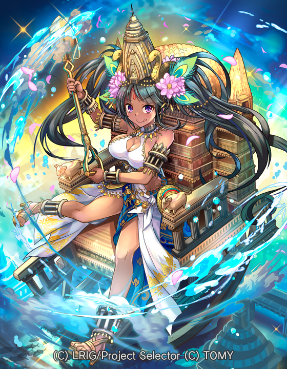 hokuyuu, wixoss, official art, black eyes, black hair, breasts, cleavage, closed mouth, copyright notice, dark-skinned female, dark skin, dress, dwar (wixoss), feather hair ornament, feathers, flower, hair flower, hair ornament, holding, holding polearm, holding weapon, large breasts, long hair, looking at viewer, polearm, sandals, smile, solo, tongue, tongue out, twintails, very long hair, weapon, white dress, white sandals