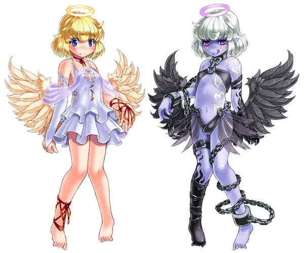 kenkou cross, angel (monster girl encyclopedia), dark angel, dark angel (monster girl encyclopedia), monster girl encyclopedia, bad id, bad pixiv id, official art, 2girls, angel, angel wings, armor, bare shoulders, barefoot, bikini armor, black wings, blonde hair, blue eyes, bridal gauntlets, chain, colored skin, cuffs, dark-skinned female, dark persona, dark skin, demon girl, fallen angel, halo, loli, midriff, monster girl, multiple girls, navel, petite, purple skin, red eyes, shackles, simple background, tattoo, white background, white hair, wings