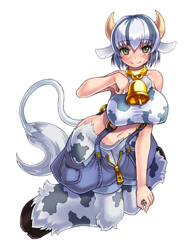 kenkou cross, holstaur (monster girl encyclopedia), monster girl encyclopedia, bad id, bad pixiv id, lowres, official art, 1girl, animal ears, animal print, bare shoulders, bell, blush, breasts, collar, cow ears, cow girl, cow print, cow tail, cowbell, female focus, green eyes, hooves, horns, large breasts, mascot, midriff, monster girl, neck bell, simple background, smile, solo, tail, white background, zipper