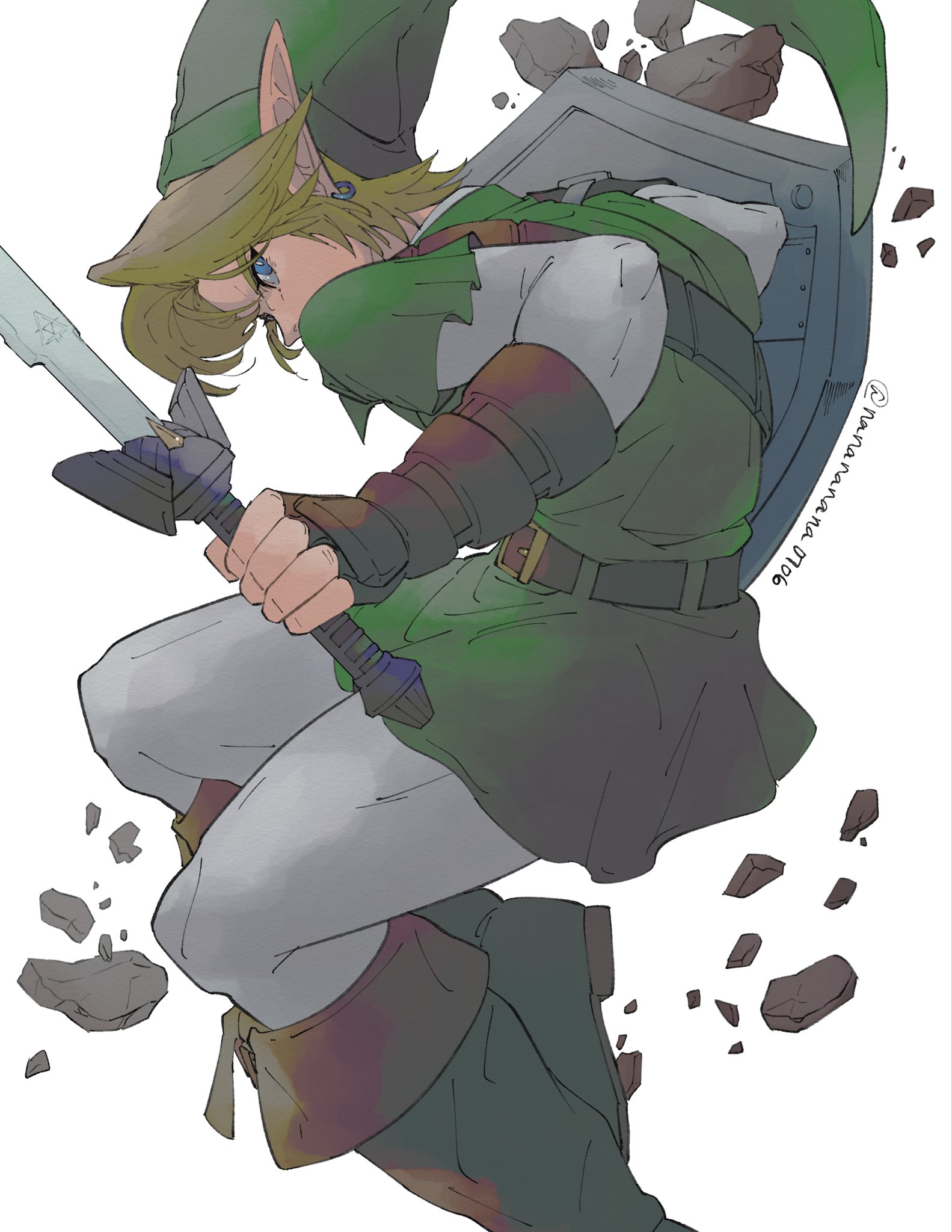 nanananana0706, link, nintendo, the legend of zelda, the legend of zelda: ocarina of time, highres, 1boy, belt, blonde hair, blue eyes, boots, brown boots, curtained hair, earrings, fingerless gloves, gauntlets, gloves, green hat, green tunic, hat, holding, hylian shield, jewelry, layered clothes, male focus, master sword, padded gloves, pointy ears, shield, short hair, shoulder belt, solo, sword, tunic, weapon, white background