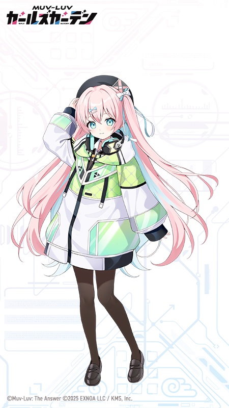 moeko (moeko0903), sienna clark, muv-luv, muv-luv girls garden, official art, 1girl, 2025, aqua bow, aqua eyes, aqua hair, aqua ribbon, black hat, black shoes, bow, brown pantyhose, closed mouth, copyright logo, copyright name, copyright notice, green jacket, hair bow, hair ornament, hair ribbon, hairpin, hat, headphones, headphones around neck, jacket, logo, multicolored hair, multicolored jacket, one side up, pantyhose, pink hair, ribbon, shoes, solo, white bow, white jacket