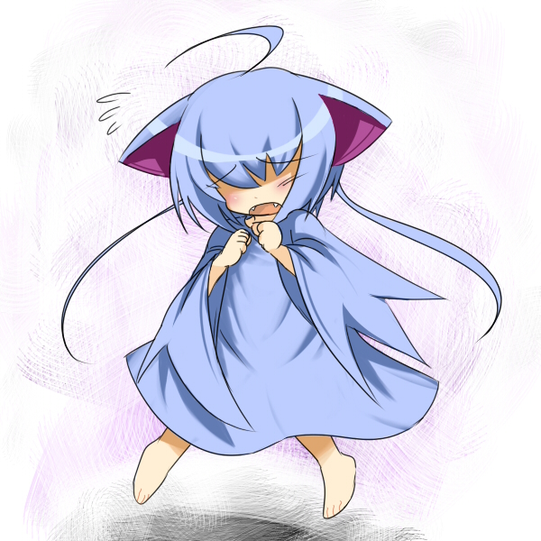 loggy, zubat, nintendo, pokemon, 1girl, ahoge, animal ears, barefoot, blue hair, costume, dress, fangs, female focus, flying sweatdrops, gen 1 pokemon, personification, short hair, solo