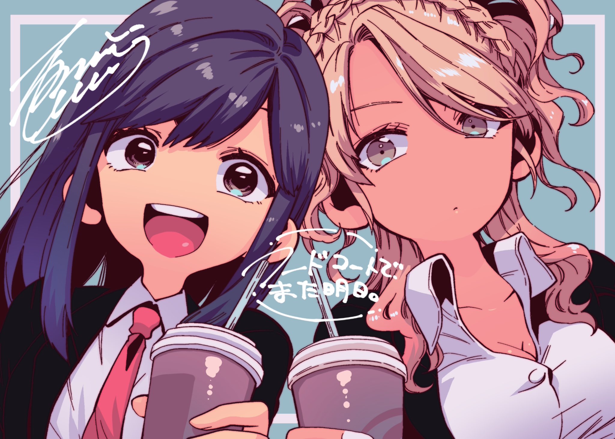 nariie shin'ichirou, wada (food court), yamamoto (food court), food court de mata ashita, commentary request, highres, 2girls, black hair, black jacket, blonde hair, blue background, breasts, brown eyes, cleavage, collared shirt, drink, expressionless, gyaru, holding, holding drink, jacket, long hair, looking at viewer, multiple girls, necktie, open mouth, red necktie, school uniform, shirt, signature, smile, teeth, upper body, upper teeth only, white shirt