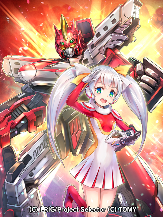 hokuyuu, tama (wixoss), shinkalion (series), wixoss, official art, 1girl, blue eyes, boots, bow, copyright notice, dress, e6 komachi (shinkalion), gloves, looking at viewer, mecha, open mouth, red boots, robot, salute, smile, solo, teeth, twintails, upper teeth only, white bow, white dress, white gloves, white hair, yellow bow