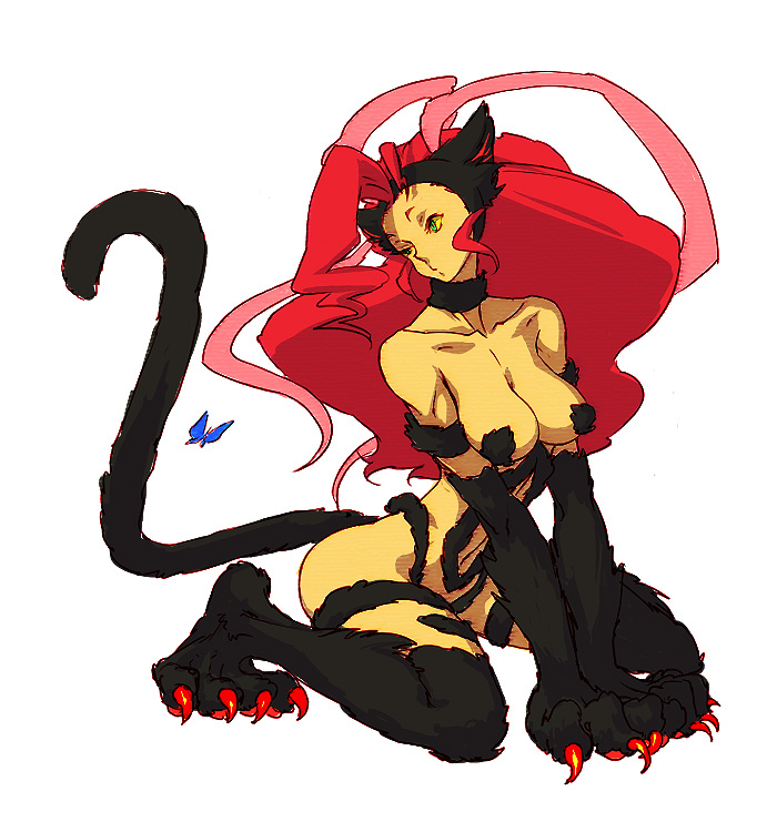 egawa satsuki, felicia (darkstalkers), capcom, darkstalkers, fur, 1girl, alternate color, alternate costume, animal ears, animal hands, breasts, cat ears, cat tail, cleavage, female focus, green eyes, large breasts, red hair, solo, tail, thighhighs