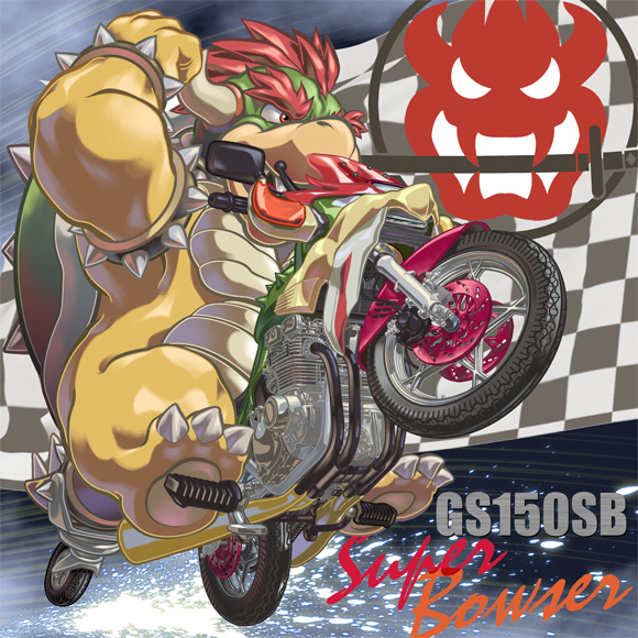 masa (bowser), bowser, mario (series), mario kart, mario kart wii, nintendo, super mario bros. 1, vehicle, arm up, bracelet, checkered flag, claws, clenched hand, flag, full body, jewelry, monster, motor vehicle, motorcycle, no humans, open mouth, red eyes, red hair, sharp teeth, spiked bracelet, spikes, teeth, thick eyebrows