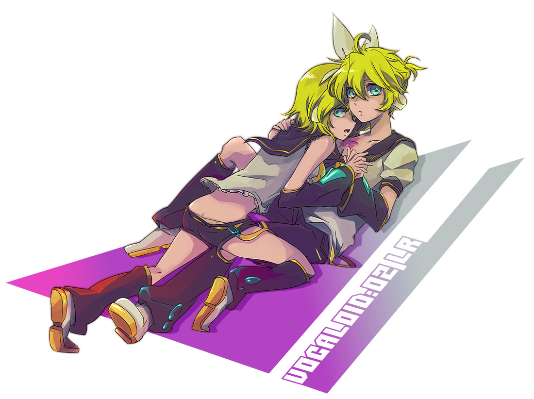 eitamu (pixiv45223), mattie, kagamine len, kagamine rin, migikata no chou (vocaloid), vocaloid, 1boy, 1girl, ahoge, aqua eyes, blonde hair, brother and sister, butt crack, girl on top, hair ribbon, headphones, hetero, holding hands, incest, lying, on back, ribbon, shorts, siblings, twincest, twins
