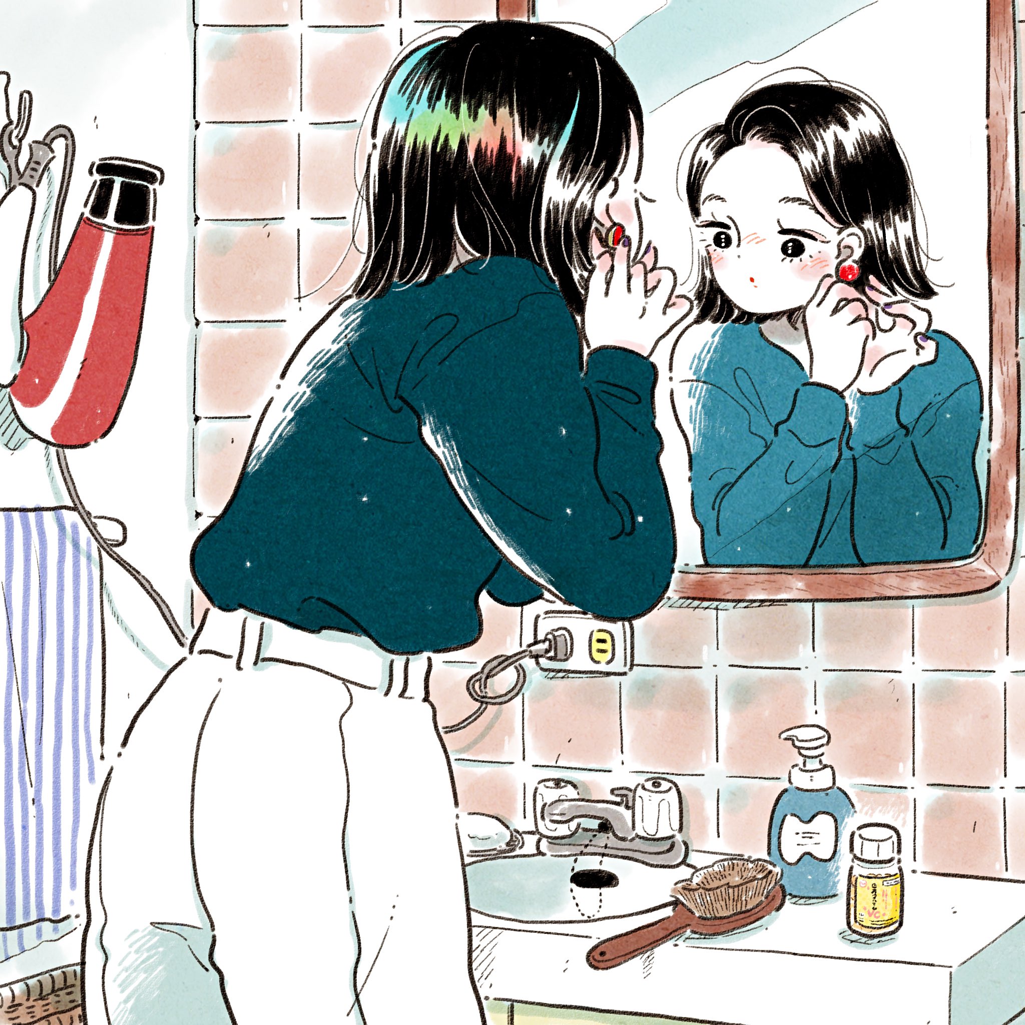 emamemamo33, original, commentary, highres, traditional media, 1girl, bathroom, black eyes, black hair, blush, colored skin, earrings, electrical outlet, faucet, fingernails, from behind, green shirt, hair dryer, indoors, iridescent hair, jewelry, long sleeves, looking at mirror, mirror, nail polish, pants, pleated pants, putting on earrings, putting on jewelry, reflection, reflection focus, shirt, short hair, sink, slice of life, soap, soap bottle, solo, tile wall, tiles, towel rack, white pants, white skin