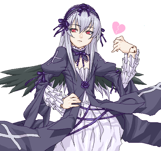 212 (kisaragi), suigintou, rozen maiden, silver hair, bad id, bad pixiv id, 00s, 1girl, broken heart, doll joints, dress, female focus, frills, hairband, hand on own hip, heart, joints, long hair, oekaki, pale skin, red eyes, solo, wings