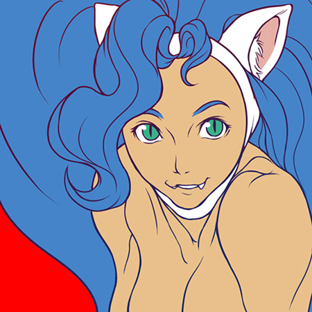 yamamiya hiroshi, felicia (darkstalkers), capcom, darkstalkers, lowres, 1girl, animal ears, big hair, blue hair, cat ears, fang, fangs, female focus, green eyes, portrait, solo