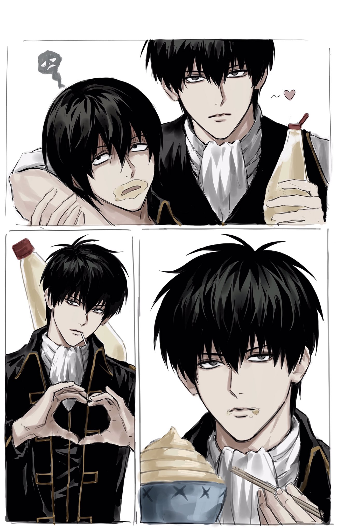 sso s, hijikata toushirou, kondou isao, gintama, character request, highres, 1boy, black hair, chopsticks, grey eyes, hair between eyes, heart, heart hands, looking at viewer, male focus, mayonnaise bottle, short hair, turn pale