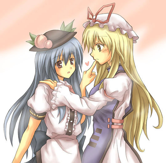 hino ryuu, hinoryu, hinanawi tenshi, yakumo yukari, touhou, bad id, bad pixiv id, 2girls, blush, female focus, finger to mouth, heart, multiple girls