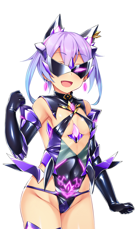satou kuuki, fujii natsumi (ysphere), soukou seiki ysphere, game cg, large variant set, non-web source, official art, variant set, 1girl, :d, animal ears, areola slip, black gloves, blue hair, breasts, corruption, covered erect nipples, covered navel, cowboy shot, crown, dark persona, earrings, elbow gloves, evil aqua, fang, gem, gloves, glowing, gradient hair, highleg, highleg leotard, jewelry, leotard, looking at viewer, mask, mind control, multicolored hair, open mouth, pubic tattoo, purple hair, shiny clothes, short hair, simple background, small breasts, smile, solo, standing, sunglasses, tattoo, thighhighs, transparent background, twintails